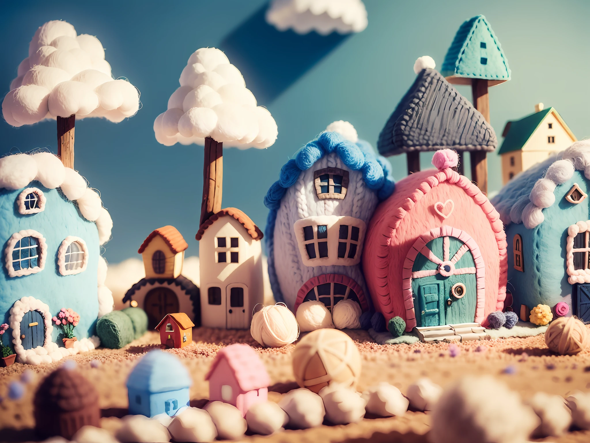 (cute world of wool felt, wool knitted fabric, cartoon), some small houses, farms, barracks, warehouses, flower houses, super cute, superb lighting, volumetrics, by Jon Klassen, Ghibli Studio style, Tilt - shift, 80mm lens, Large aperture, 3d, blender, masterpiece, super detail, best quality, --v6