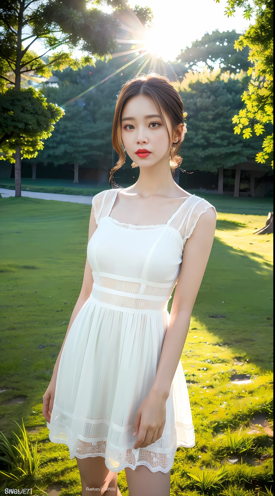 (8k, RAW photo, best quality, masterpiece:1.2), (realistic, photo-realistic:1.37), professional lighting, photon mapping, radiosity, Korean Doll, park, white summer dress