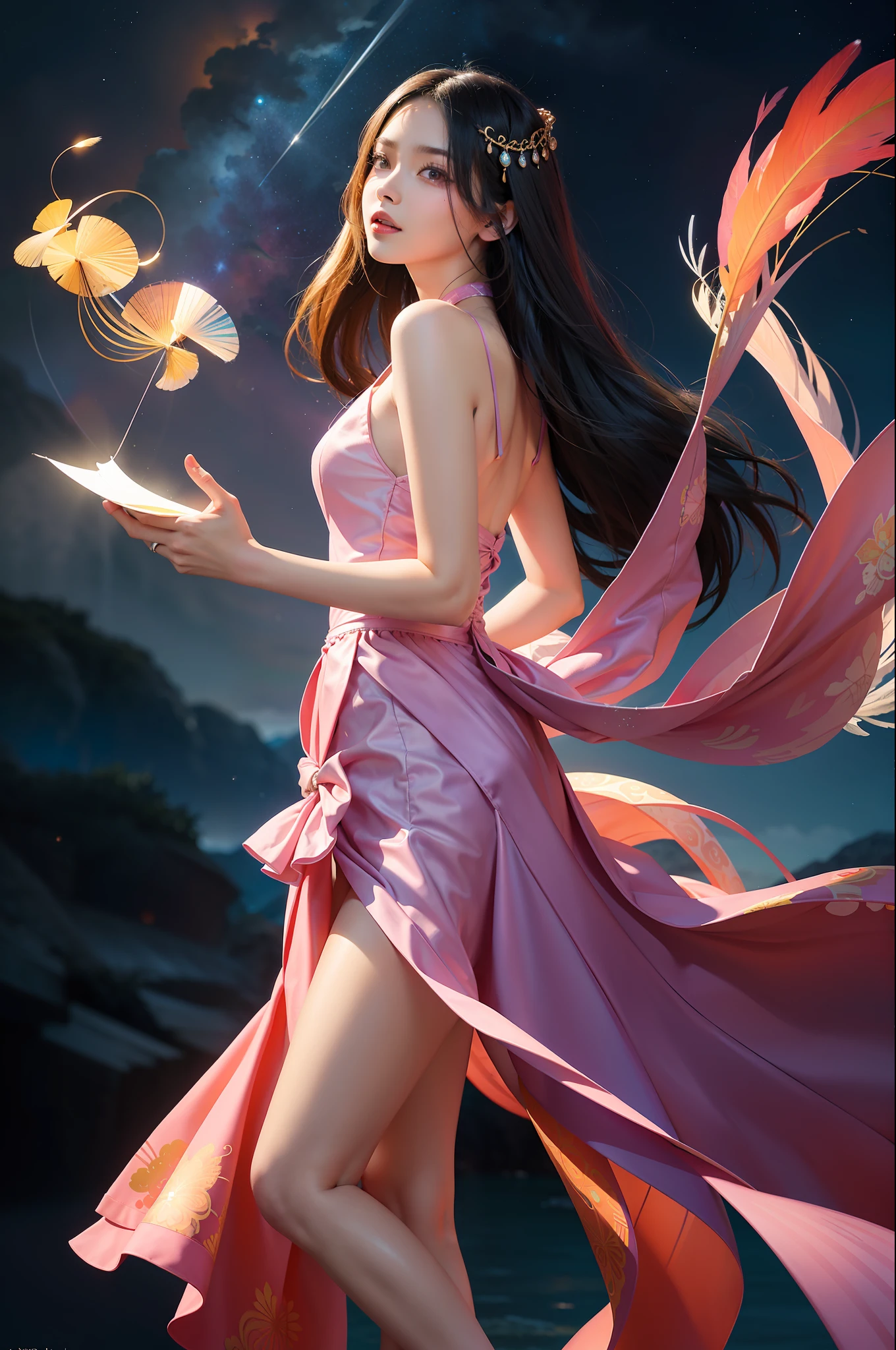 (Masterpiece, Top Quality, Best Quality, Extreme Detail, Supreme Detail, Official Art, Beauty and Aesthetics: 1.2), Colorful, Denim Shot, Upper Body Shot, Beautiful Face, Solo, Perfect Body, On Sky Clouds, Flying in the Sky, Portrait of a Girl, Silver Gradient Hair, (Black Hair| Pink hair: 1.2), fairy, flowing streamers, sexy, sun rays, clouds, full body, hanfu, chinese clothes, water, fireflies, night, starry sky, jewelry, feathers on dresses, peacock feathers, light particles, volumetric lighting, ray tracing (flowing streamers: 1.1), (fantasy novels: 1.2), illuminators, stars, fantasy, high contrast, ink strokes, overexposure, purple and red tone impressions, abstract, (watercolor paintings by John Berkey and Jeremiman)) brush strokes,