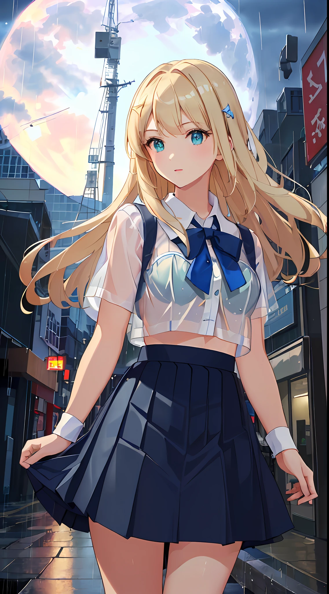 (((masterpiece: 1.5, best quality, high resolution: 1.3, super resolution, super detailed, ultra detailed:1.3, rich background:1.2))), ((face close up)), 1girl, solo, green eyes, blonde long hair tied with blue ribbon, blunt bangs, cute hairpin, transparent white serafuku, red sailor collar, short sleeves, blue pleated skirt, white bra, (outdoor), ((rain: 1.2)), ((downtown)), (crowd), scenery, ((nighttime)), dark, (lowlight: 1.1), moon, ((dynamic light: 1.4))