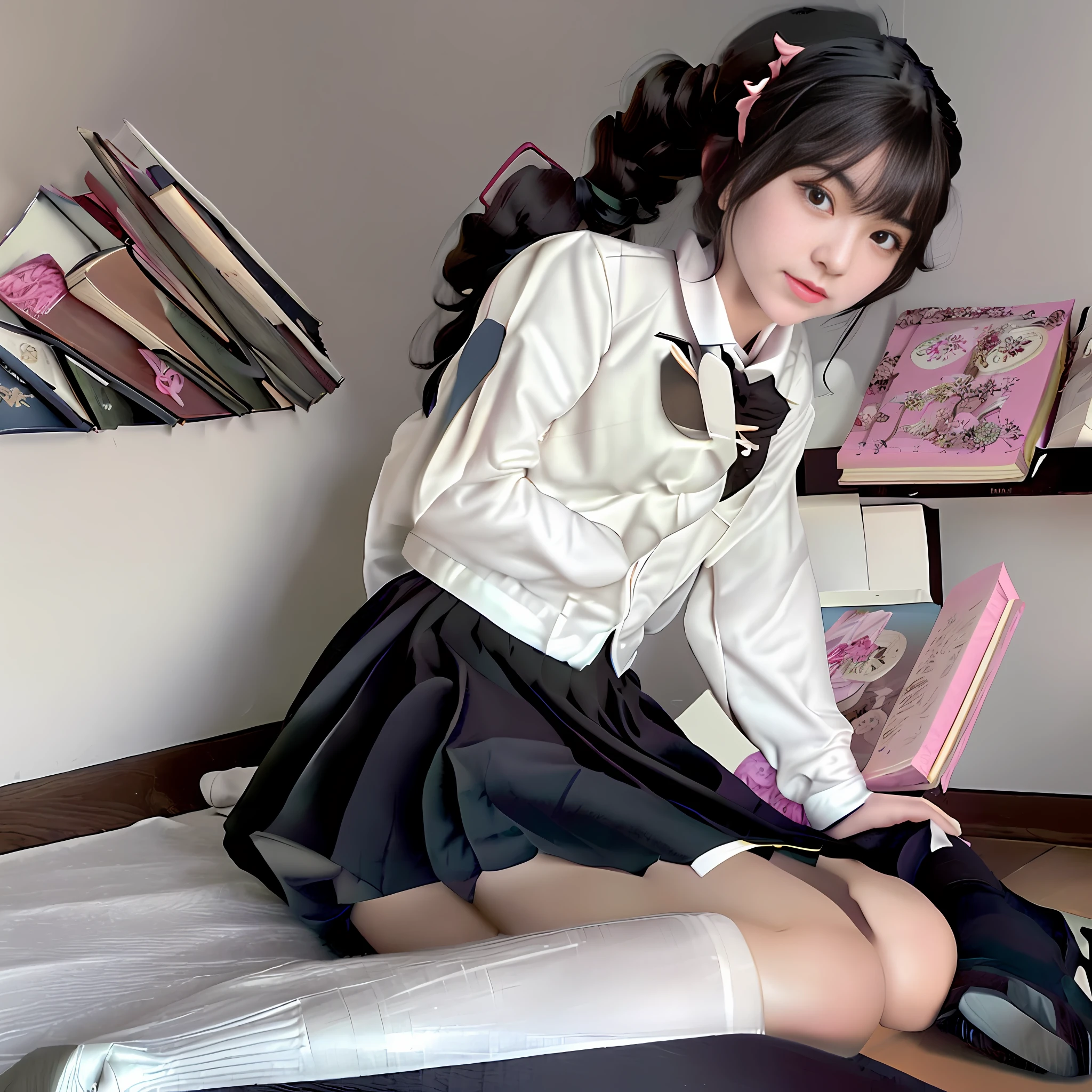 (extremely detailed CG unity 8k wallpaper,masterpiece, best quality, ultra-detailed),(best illumination, best shadow, an extremely delicate and beautiful),floating,

[(1girl), (maid uniform:1.4), sitting on the floor, black stockings, (white ribbon), (red eyes:1.2), (twintails):,pink hair:0.9], 

[(carpet or wood flooring, (candlelight:1.3)|(lamp light), narrow space, (wooden furniture), (teapot), (books), (pillows), (Japanese tatami):0.7]