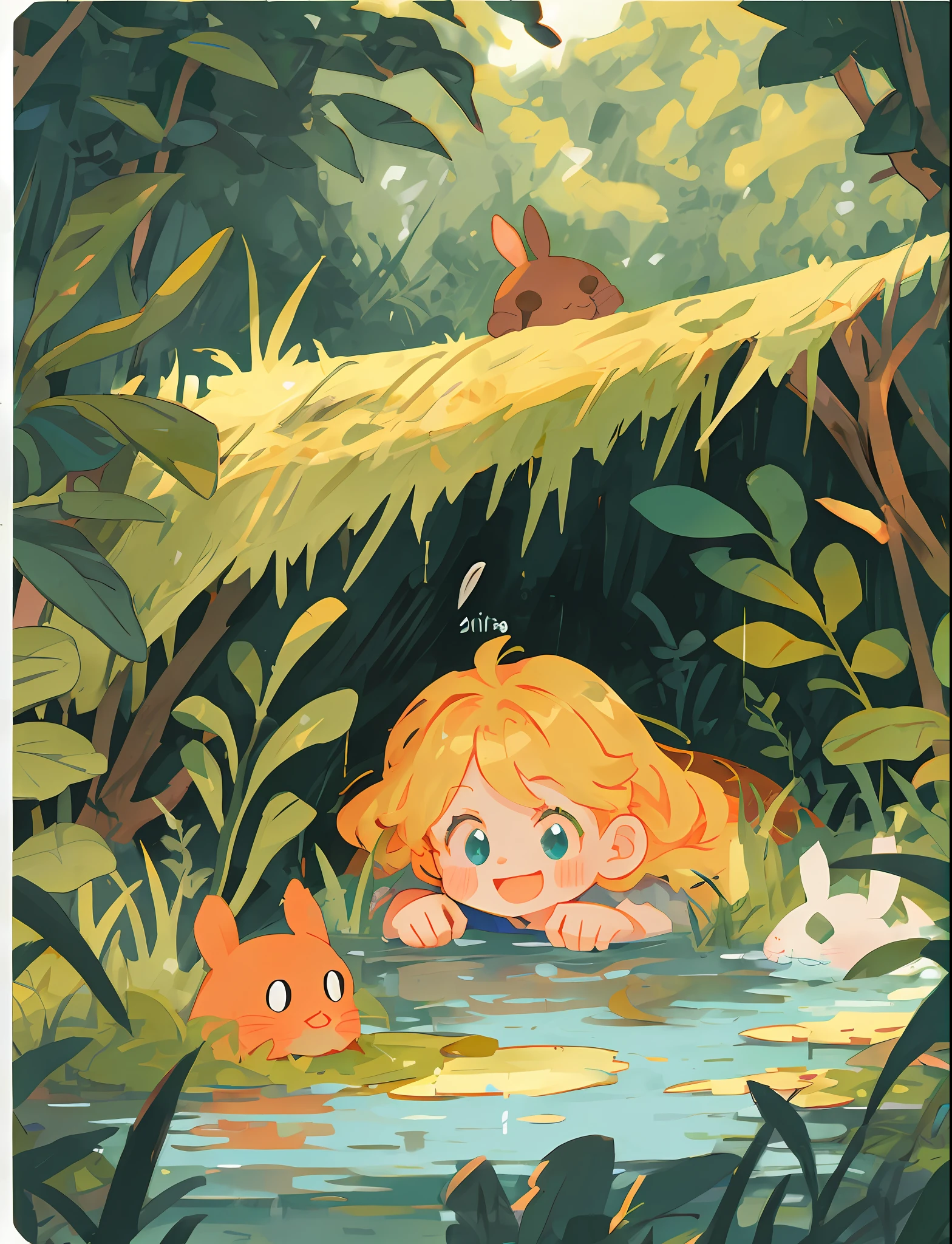 cute girl in pond and bunny, in river with jungle, cute art style, in the swamp cute forest creature, forest with rabbits, digital 2d illustration,