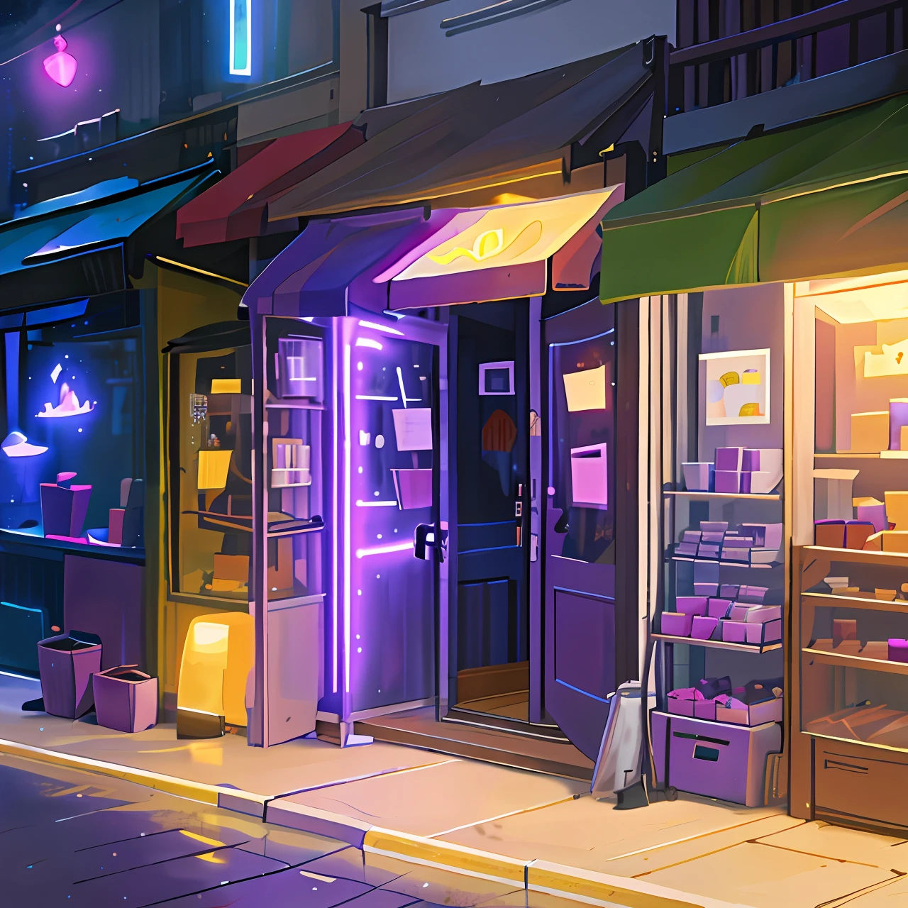 A small shop in the street, unusual style, trend, purple lights in the store