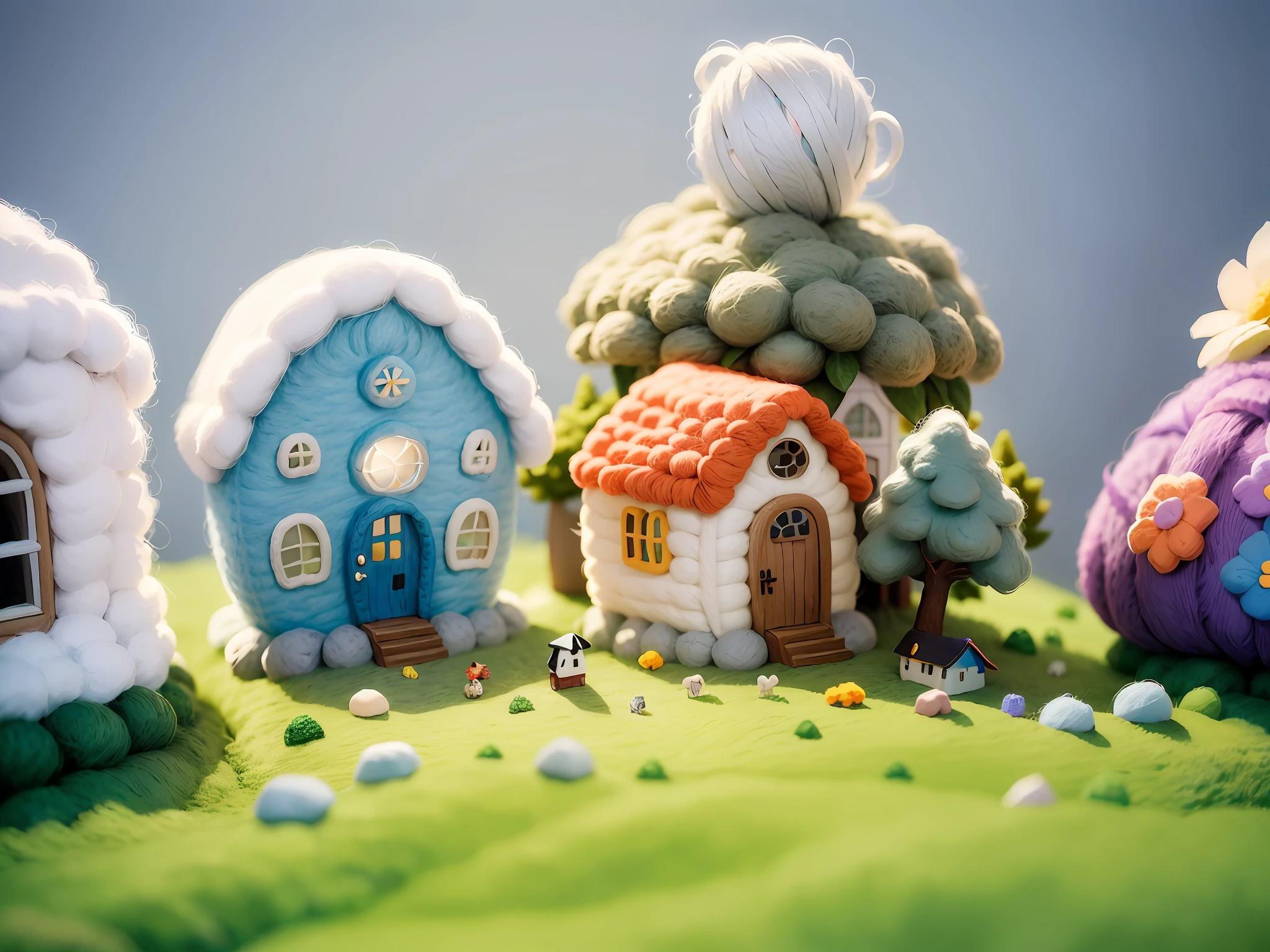 (cute world of wool felt, wool knitted fabric, cartoon), some small houses, farms, flower houses, flowers, stones, trees, super cute, superb lighting, volumetrics, by Jon Klassen, Ghibli Studio style, Tilt - shift, 80mm lens, Large aperture, 3d, blender, masterpiece, super detail, best quality, --v6