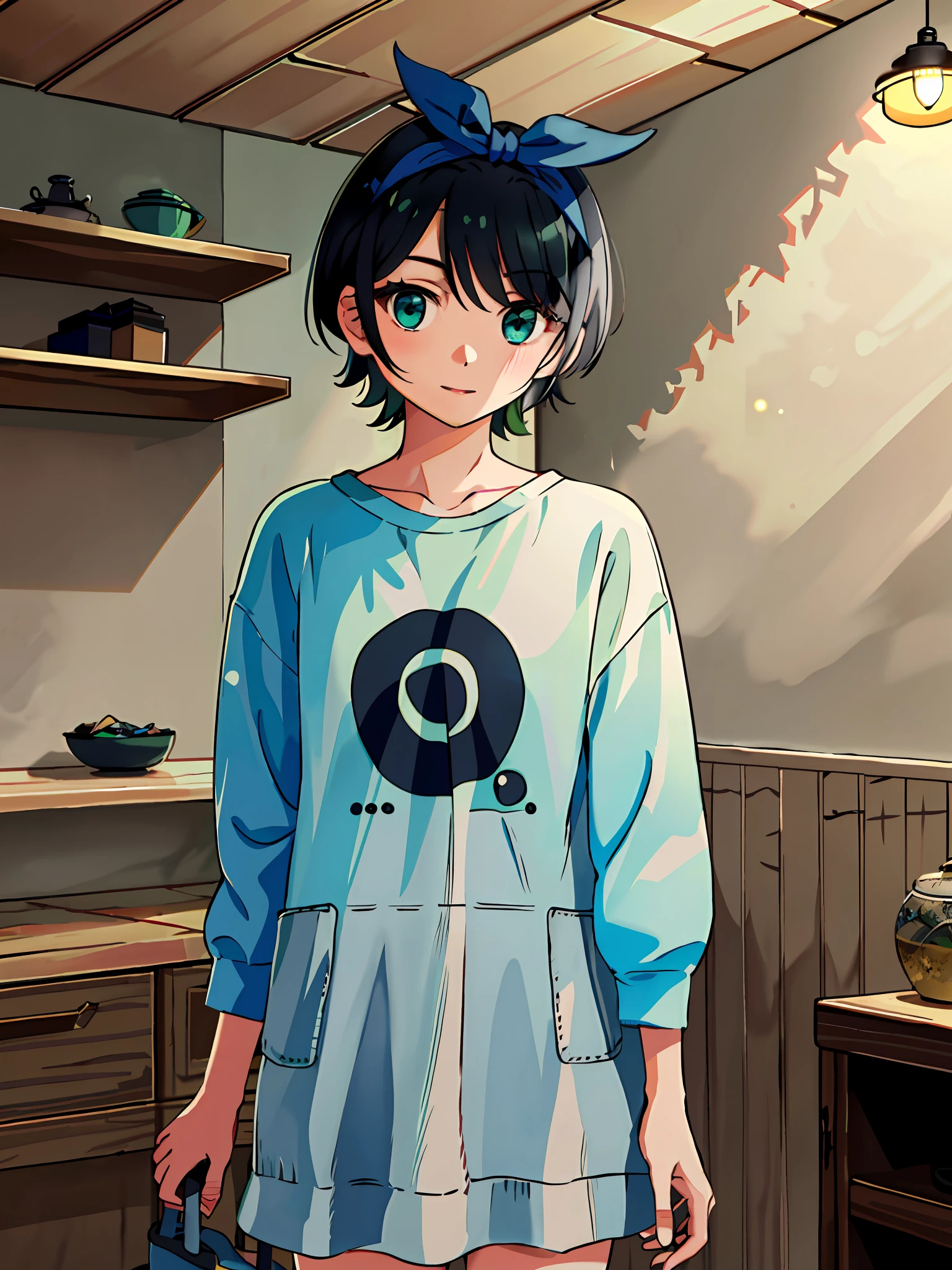 high res, masterpiece, Ruka Sarashina,short hair, black hair, ((solo)), 1girl, cute, indoors, detailed eyes, ((blue_green eyes)),en ropa interior.