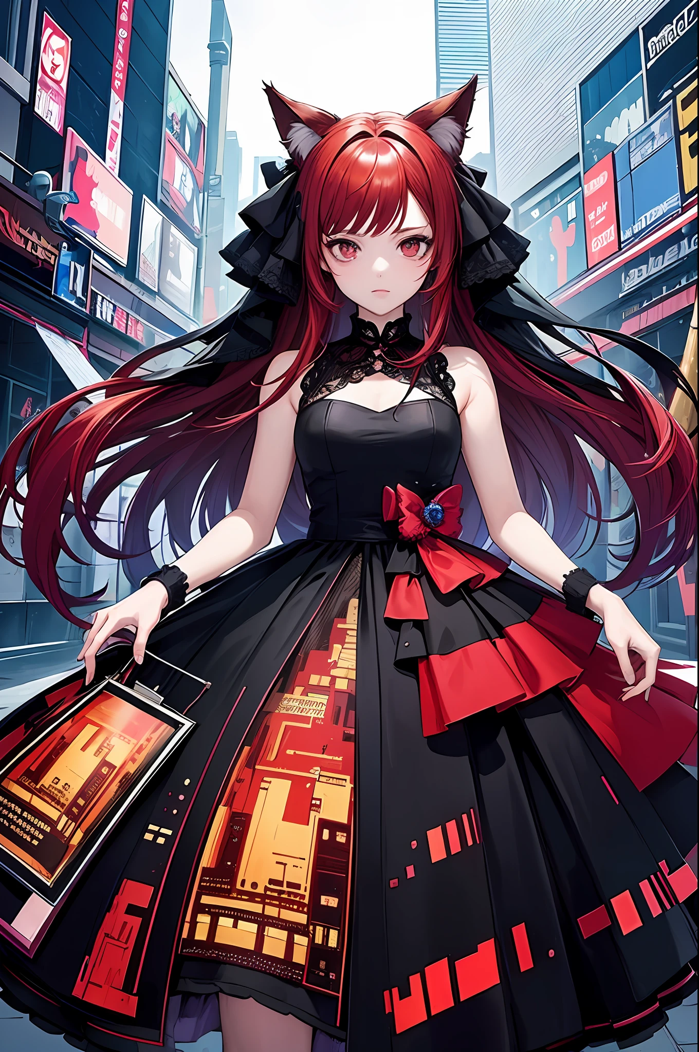(masterpiece, top quality, best quality, official art, beautiful and aesthetic:1.2), 1girl, red hair, cat ears, glitch art, (digital distortion), pixelated fragments, data corruption,colorful noise, visual chaos,contemporary aesthetics