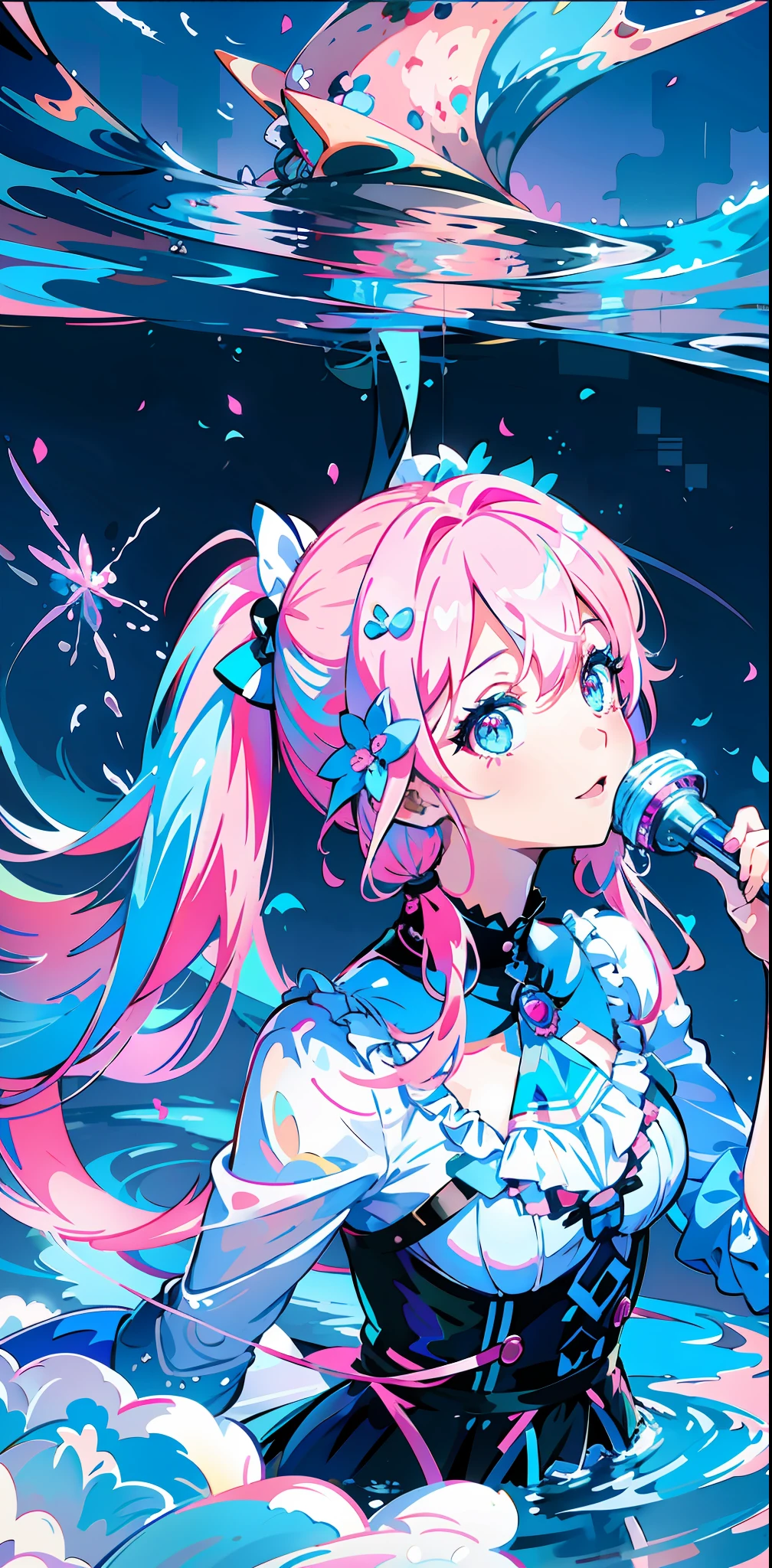 anime girl with pink hair and blue eyes standing in water, nightcore, digital art on pixiv, pixiv style, anime style 4 k, pixiv, anime artstyle, mikudayo, anime style. 8k, pink twintail hair and cyan eyes, pixiv daily ranking, pixiv contest winner, anime moe artstyle, vocaloid