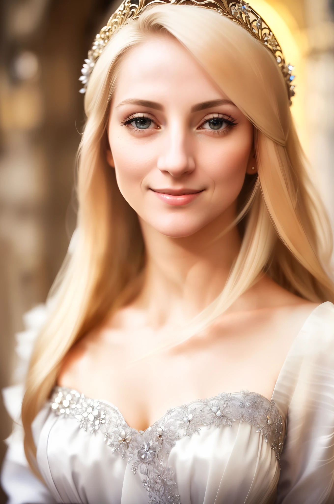 Amazingly beautiful woman in Germany, blonde hair, [((sheer clothes)], [protruding, realistic anatomy, realistic nose, (((Medieval princess)), photo, standing facing the front, looking at the camera and smiling, semi-long straight, (((((Realistic face)))), long-haired, beautiful mature girl, big, accentuated cleavage, [no accessories], Sexy proportions, pale skin, feminine features, stocky body, mole, (light smile, : 0.9), highly detailed shiny eyes, small face, (looking at the camera), spectacular lighting, DSLR, super high quality, sharp focus, tack sharp, DOF, film grain, center, fujifilm XT3, crystal clear, masterpiece, 8k, (center of frame)), ((Beautiful composition)))), ((Professional composition)))), ((((elegant composition)))), ((Long skirt)), ((Front shot)), (Facing the viewer)))), (Focus on the face)))), ((Detailed facial anatomy)))), ((Look at the camera)))), (Look at the viewer))), (Sunlight lighting)