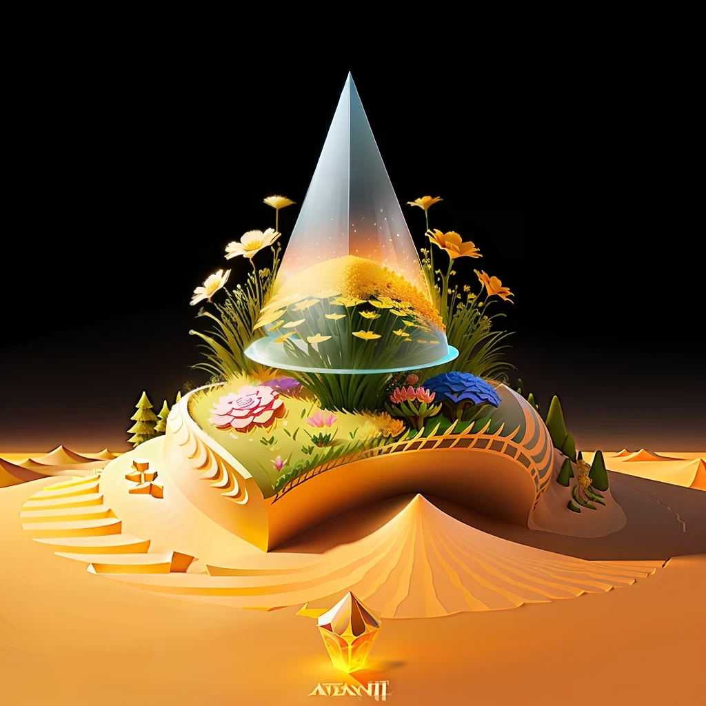 fantasy sand anthill with flowers, dimetric view, game design, high quality, cartoon style, cute, transparent background