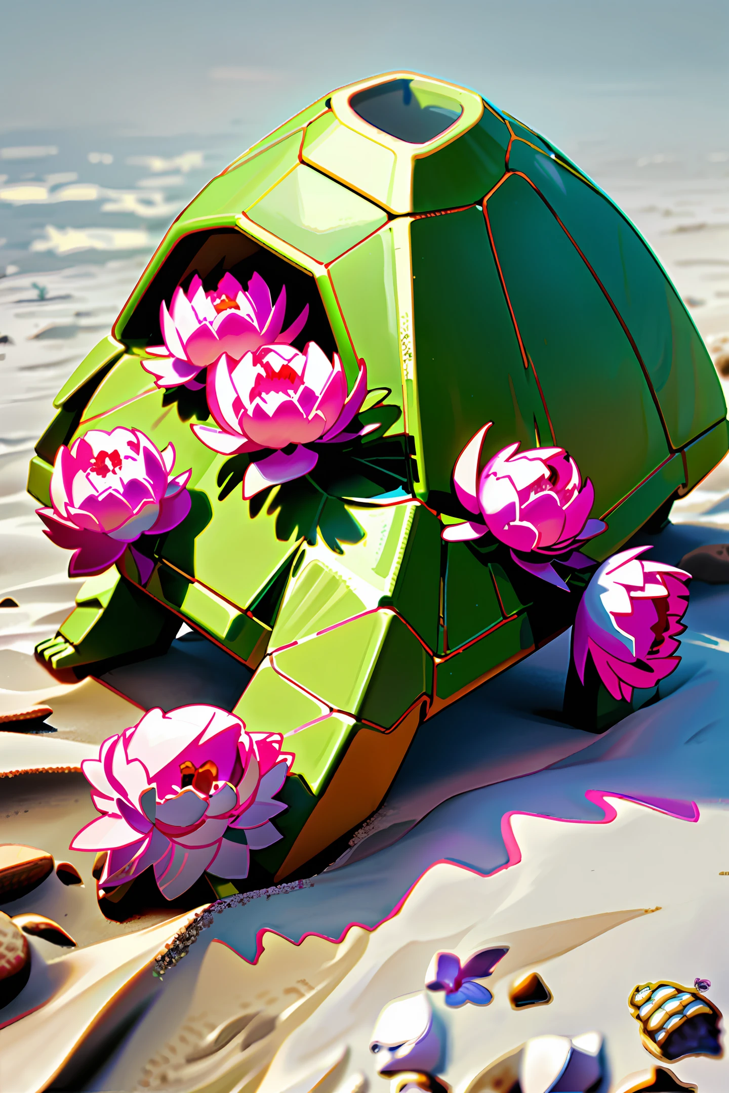 photorealistic turtle shell on sand, peony flowers around, game design, high quality, white background, dimetric view, isometric