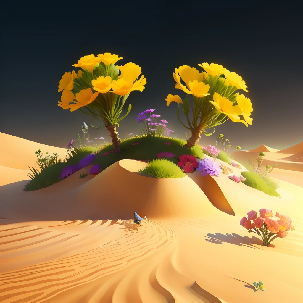 fantasy sand anthill with flowers, dimetric view, game design, high quality, cartoon style, cute, transparent background