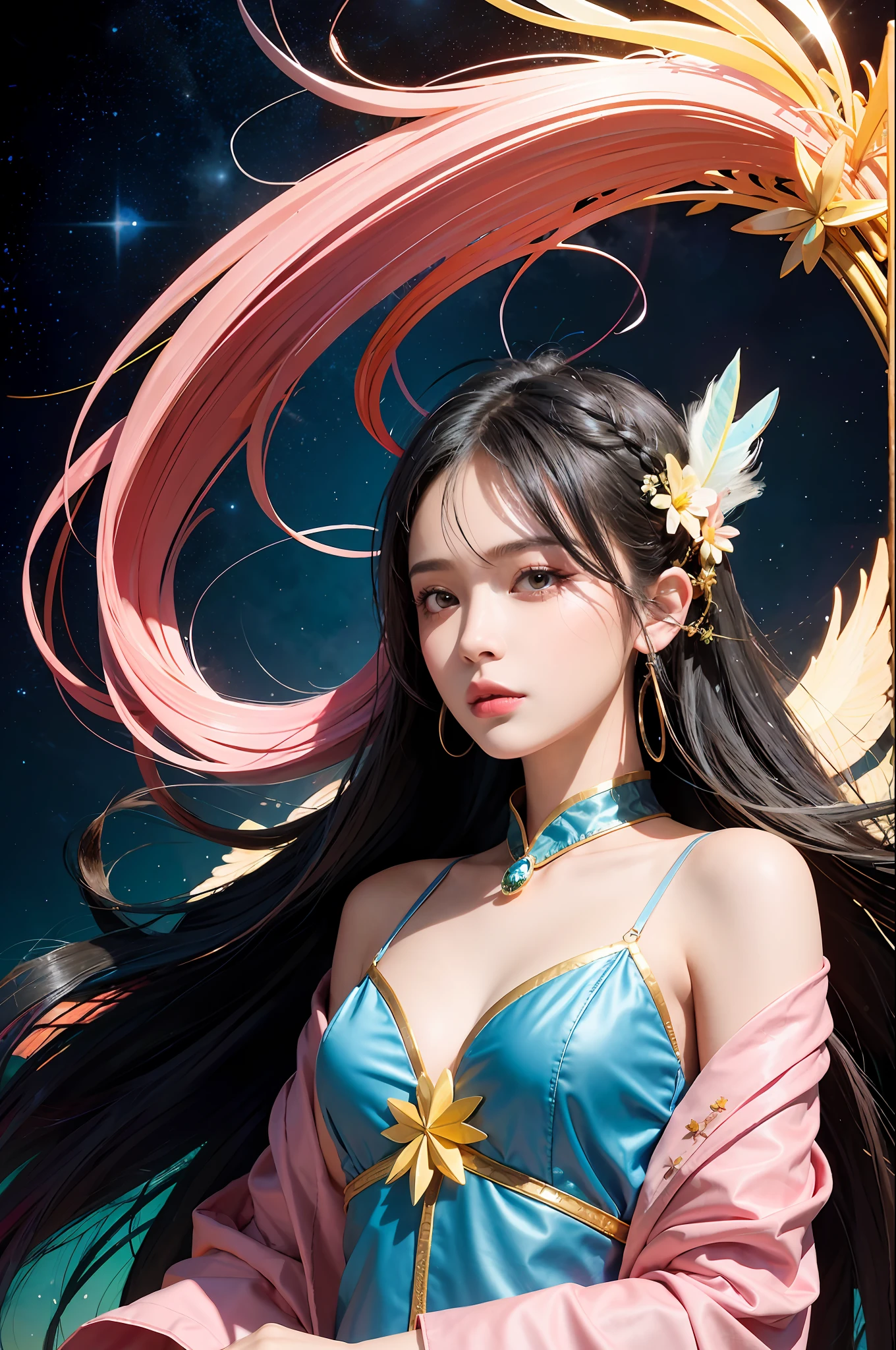 (Masterpiece, Top Quality, Best Quality, Extreme Detail, Supreme Detail, Official Art, Beauty and Aesthetics: 1.2), Colorful, Denim Shot, Upper Body Shot, Beautiful Face, Solo, Perfect Body, On Sky Clouds, Flying in the Sky, Portrait of a Girl, Silver Gradient Hair, (Black Hair| Pink hair: 1.2), fairy, flowing streamers, sexy, sun rays, clouds, full body, hanfu, chinese clothes, water, fireflies, night, starry sky, jewelry, feathers on dresses, peacock feathers, light particles, volumetric lighting, ray tracing (flowing streamers: 1.1), (fantasy novels: 1.2), illuminators, stars, fantasy, high contrast, ink strokes, overexposure, purple and red tone impressions, abstract, (watercolor paintings by John Berkey and Jeremiman)) brush strokes,