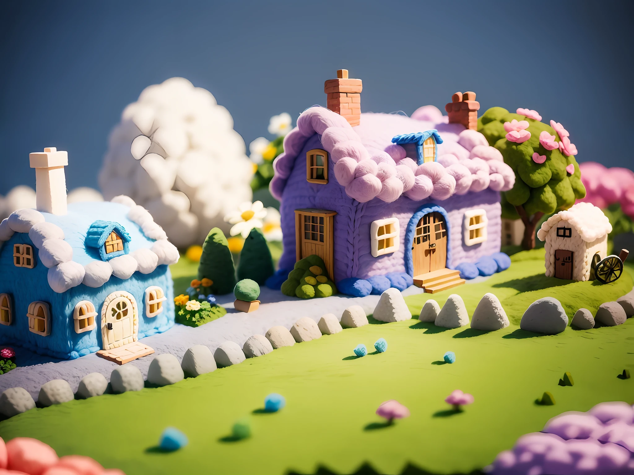(cute world of wool felt, wool knitted fabric, cartoon), some small houses, farms, flower houses, flowers, stones, trees, super cute, superb lighting, volumetrics, by Jon Klassen, Ghibli Studio style, Tilt - shift, 80mm lens, Large aperture, 3d, blender, masterpiece, super detail, best quality, --v6
