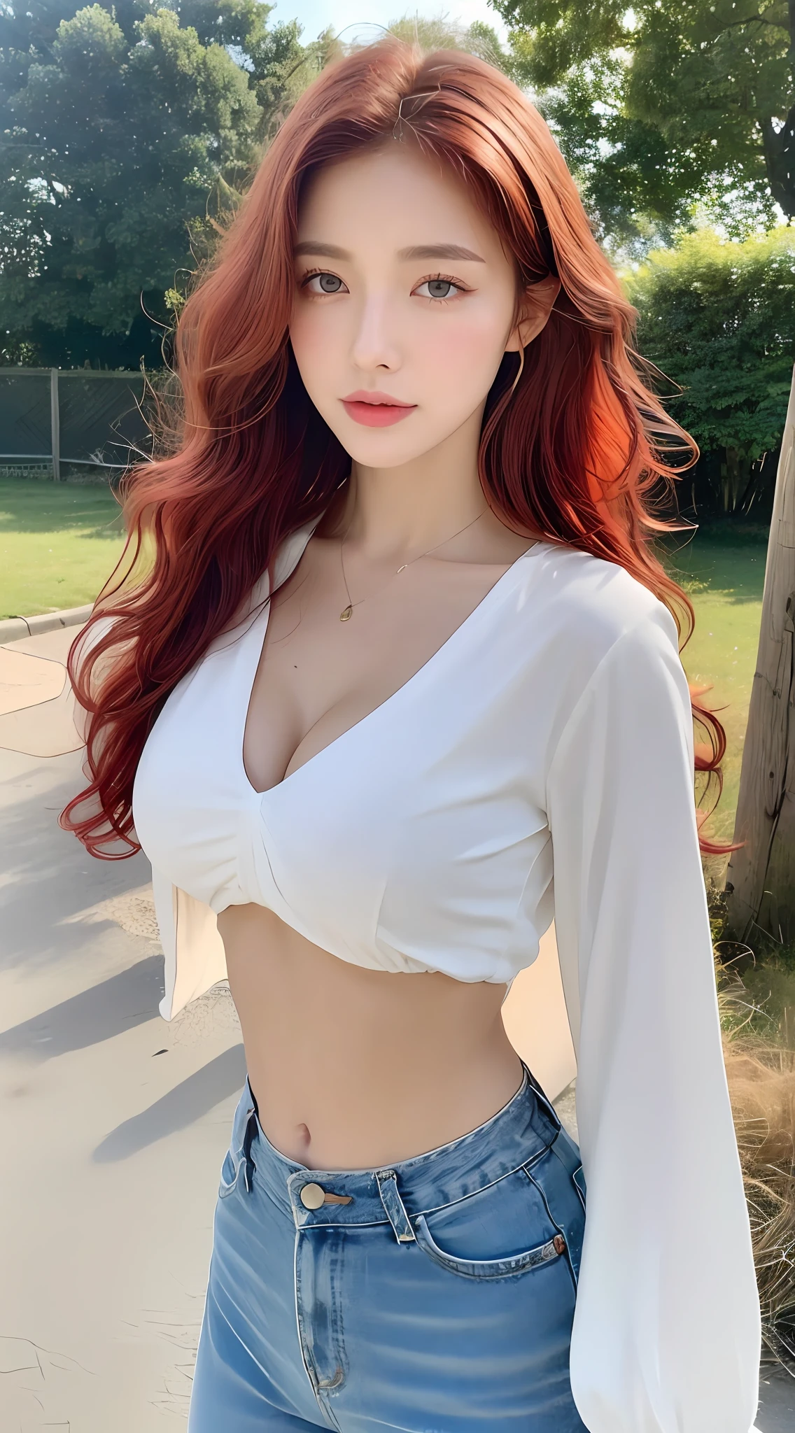 ((Realistic lighting, Best quality, 8K, Masterpiece: 1.3)), Clear focus: 1.2, 1girl, Perfect body beauty: 1.4, Slim abs: 1.1, ((Red hair, Milk: 1.3)), cowgirl pose, (Outdoor, daytime: 1.1), country street, super fine face, fine eyes, double eyelids, curly hair, fair skin