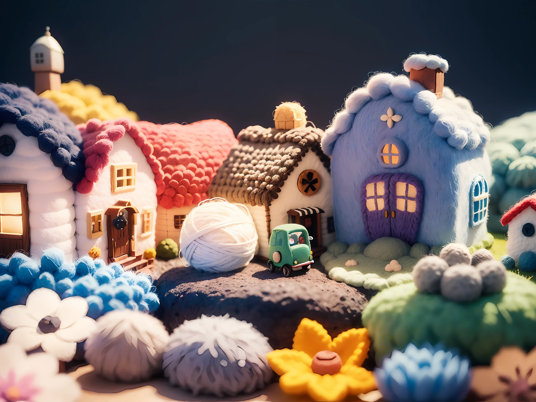 (cute world of wool felt, wool knitted fabric, cartoon), some small houses, farms, flower houses, flowers, stones, trees, super cute, superb lighting, volumetrics, by Jon Klassen, Ghibli Studio style, Tilt - shift, 80mm lens, Large aperture, 3d, blender, masterpiece, super detail, best quality, --v6