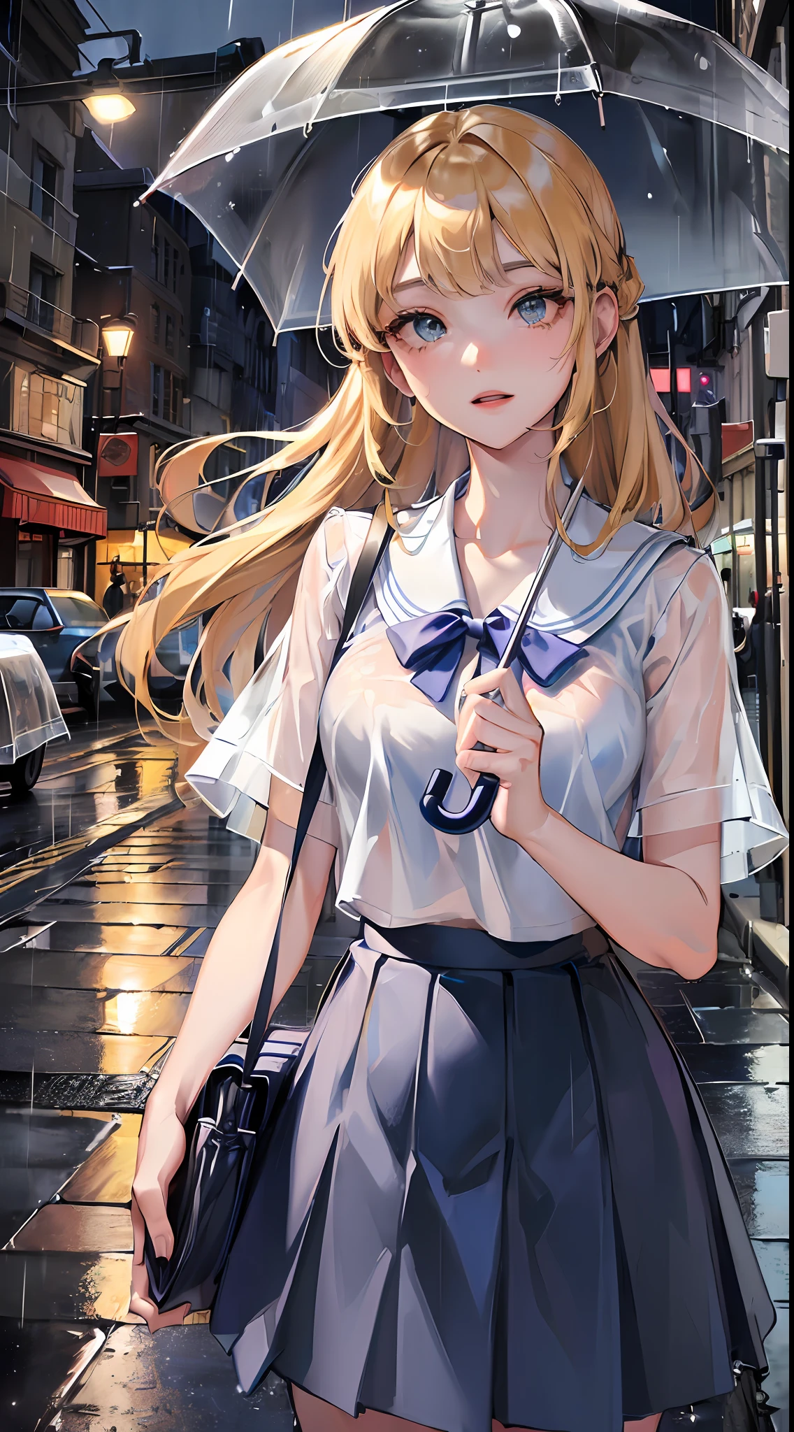 (((masterpiece: 1.5, best quality, high resolution: 1.3, super resolution, super detailed, ultra detailed:1.3, rich background:1.2))), ((face close up)), 1girl, solo, green eyes, blonde long hair tied with blue ribbon, blunt bangs, cute hairpin, school uniform, white serafuku, red sailor collar, short sleeves, blue pleated skirt, (transparent umbrella on hand), (outdoor), ((crossing street)), ((rainy: 1.2)), ((downtown)), (crowd), scenery, ((nighttime)), dark, (lowlight: 1.1), moon, (moonlight: 1.2), ((dynamic light: 1.4))