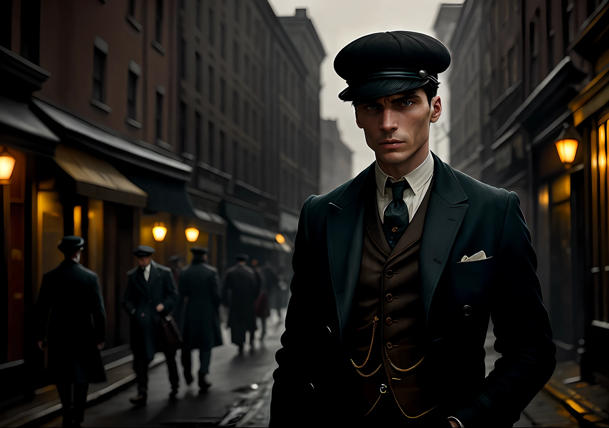 Thomas shelby on the street with his friends peaky blinders dark photo: realistic epic, soft cinematic portrait, adobe lightroom, photographic lab, highly detailed, faded, art by greg rutkowski and artgerm ,neutral colors: 1,2), (hdr:1,4) , (soft colors:1.2), hyperdetailed, (artstation:1.4), cinematic, warm lights, dramatic light, (intricate details:1.1), complex background, (rutkowski:0.66), (blue and orange:0.4)
