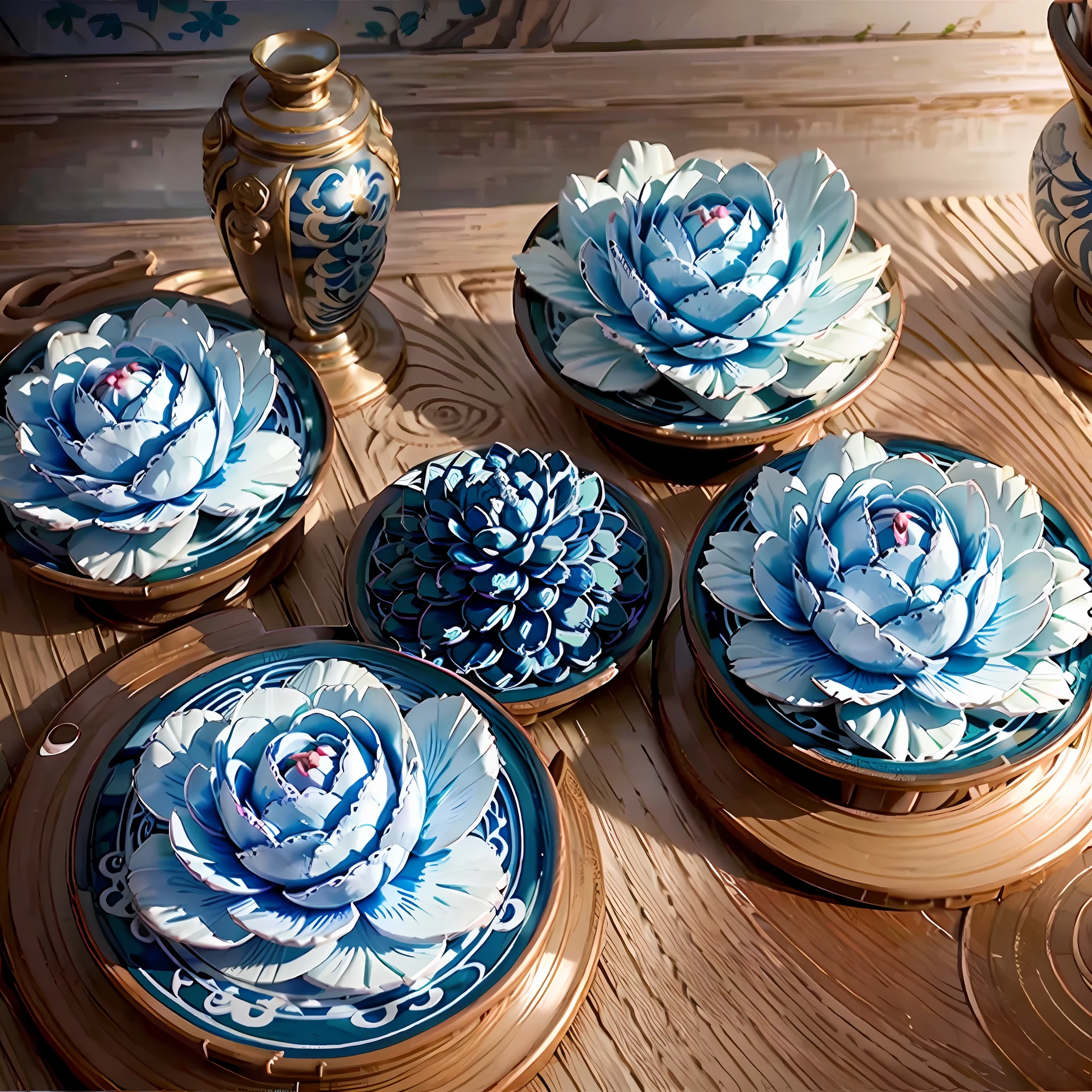 Chinese style blue and white porcelain style peony flowers bird cake decorated flowers