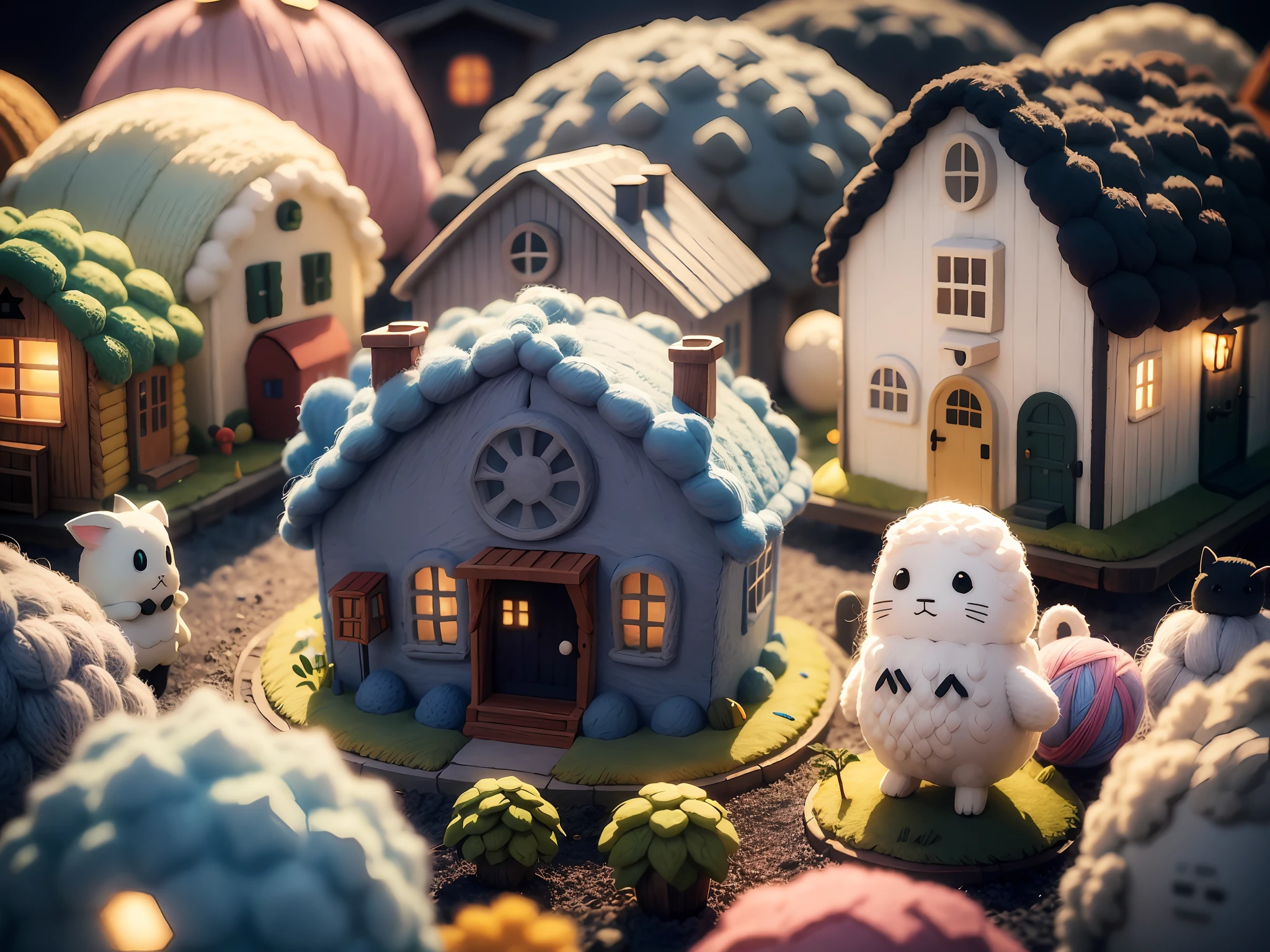 cute world of wool felt, wool knitted fabric, cartoon, some small houses, farms, barracks, warehouses, flower houses, super cute, superb lighting, volumetrics, by Jon Klassen, Ghibli Studio style, Tilt - shift, 80mm lens, Large aperture, 3d, blender, masterpiece, super detail, best quality