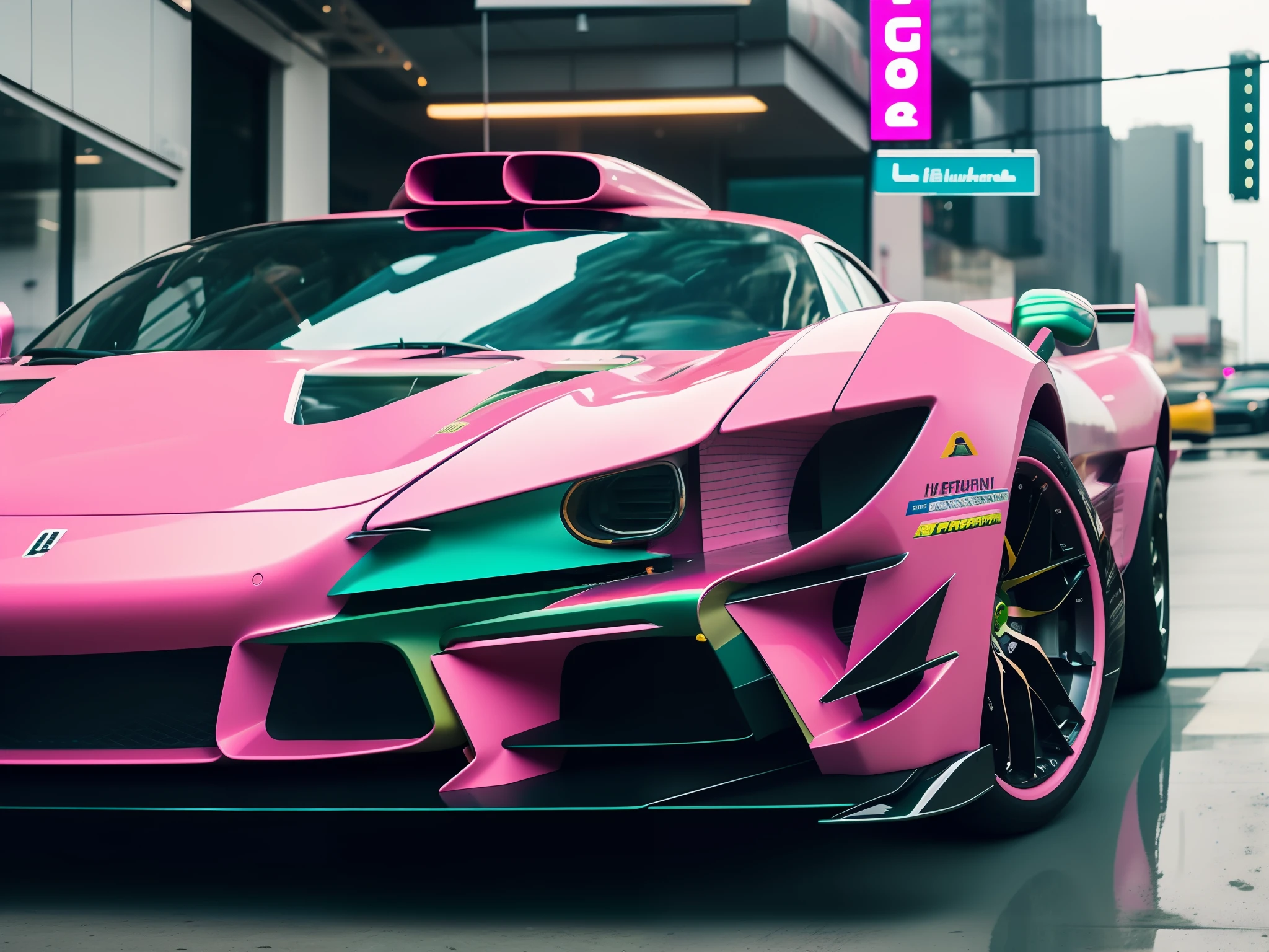 fking_scifi_v2, photo of a pink ((Ferrari:F1:1.5):0.65) car, Cyberpunk theme, Emerald armour plating, Intricate, with orange accents, High Detail, Sharp focus, dramatic
