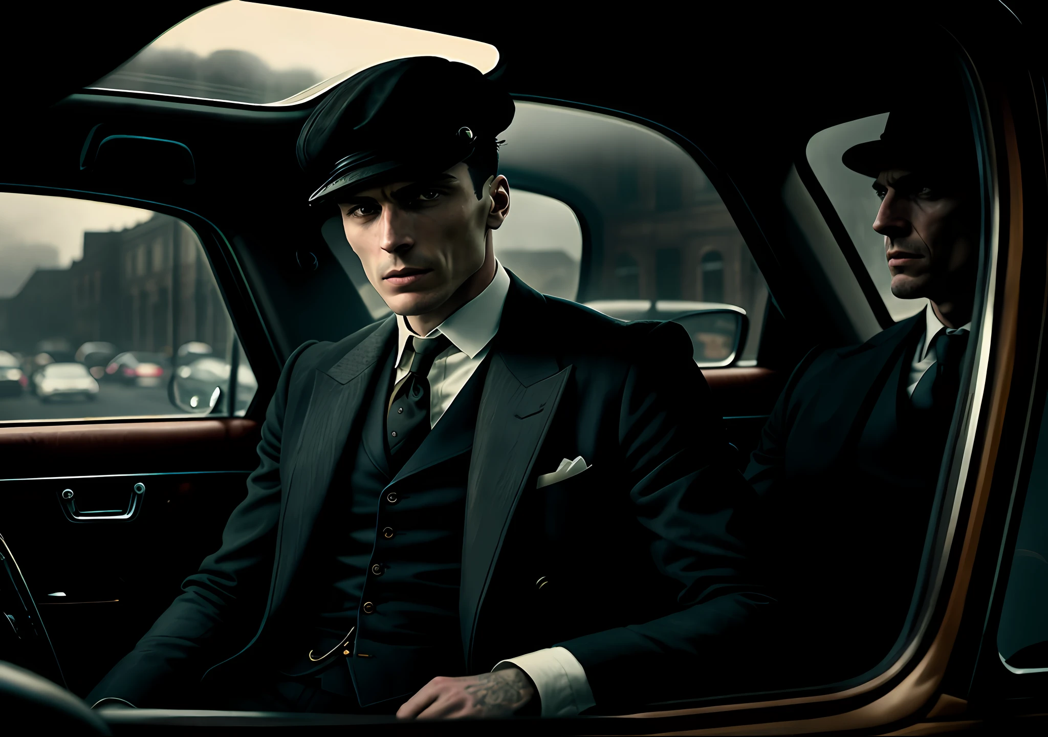 Thomas shelby in the car with his friends peaky blinders dark photo: realistic epic, soft cinematic portrait, adobe lightroom, photographic lab, highly detailed, faded, art by greg rutkowski and artgerm ,neutral colors: 1,2), (hdr:1,4) , (soft colors:1.2), hyperdetailed, (artstation:1.4), cinematic, warm lights, dramatic light, (intricate details:1.1), complex background, (rutkowski:0.66), (blue and orange:0.4)