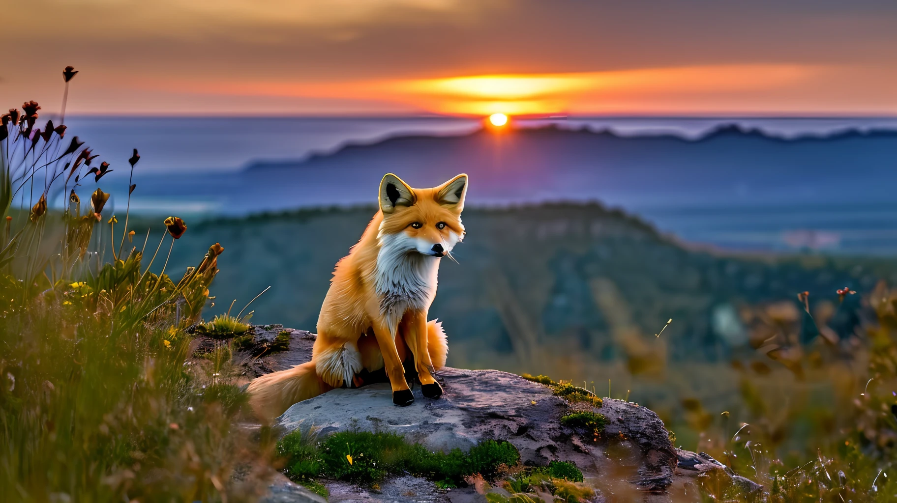 1 of golden fox on the clive looking view at below, sunset light, RAW photo, surrealism, from behinnd, Ultra-Wide Angle, image fill, UHD, masterpiece, highres, 16k