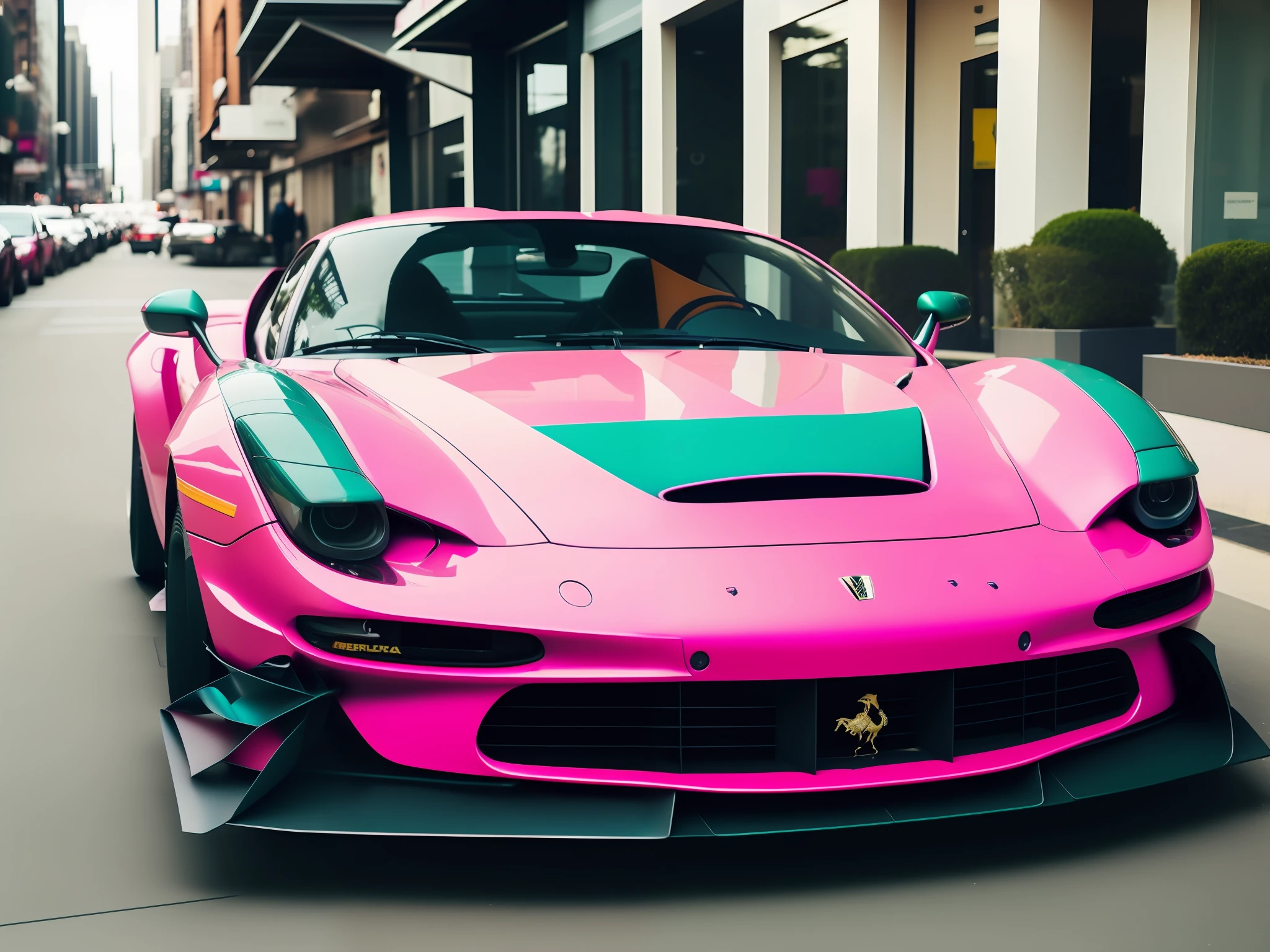 "Fking_scifi_v2, Cyberpunk theme, photo of a pink Ferrari with emerald armor plating and intricate orange accents. High detail and sharp focus with a dramatic feel."