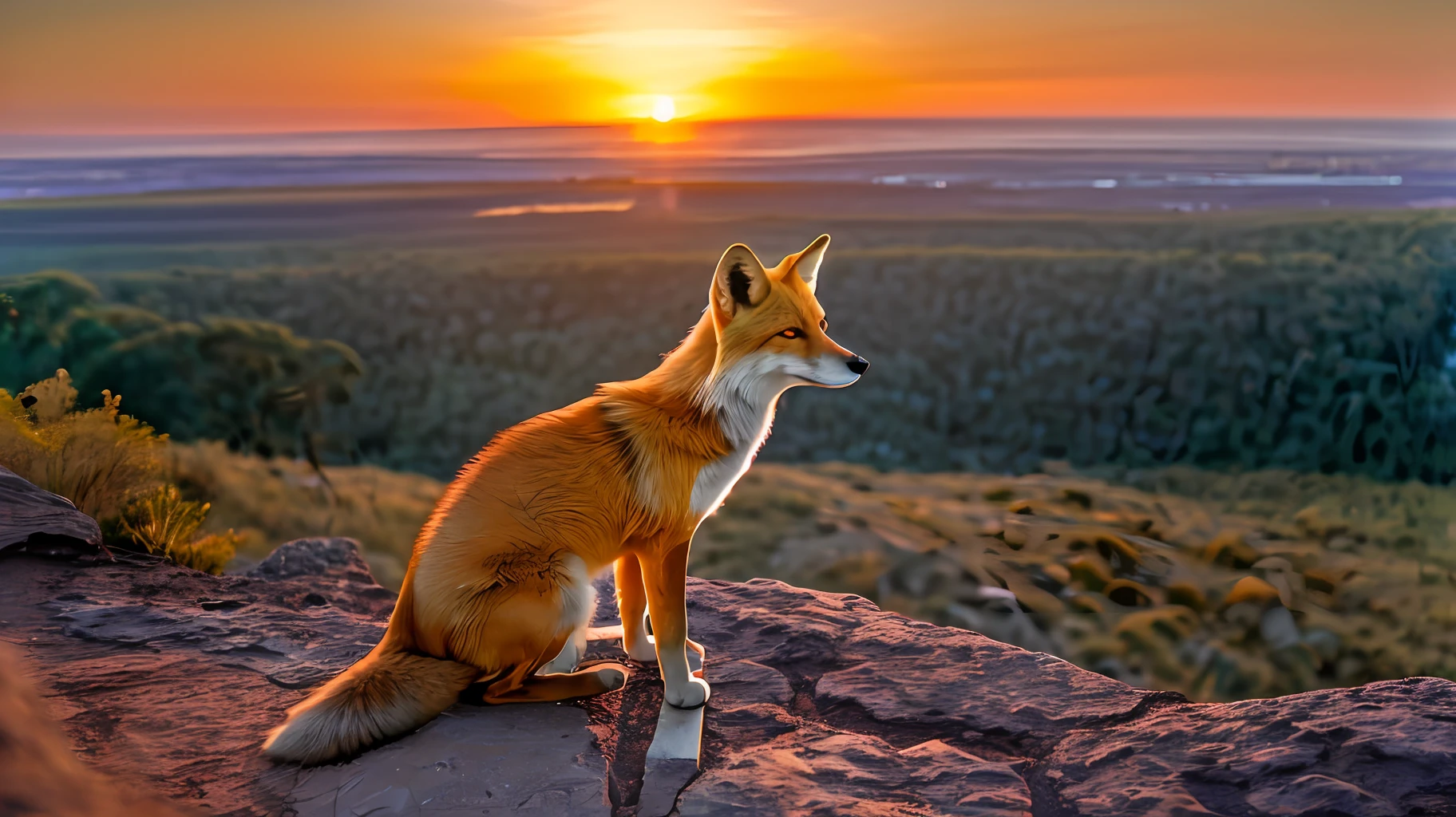 1 of golden fox on the clive looking view at below, sunset light, RAW photo, surrealism, from behind, Ultra-Wide Angle, image fill, UHD, masterpiece, highres, 16k