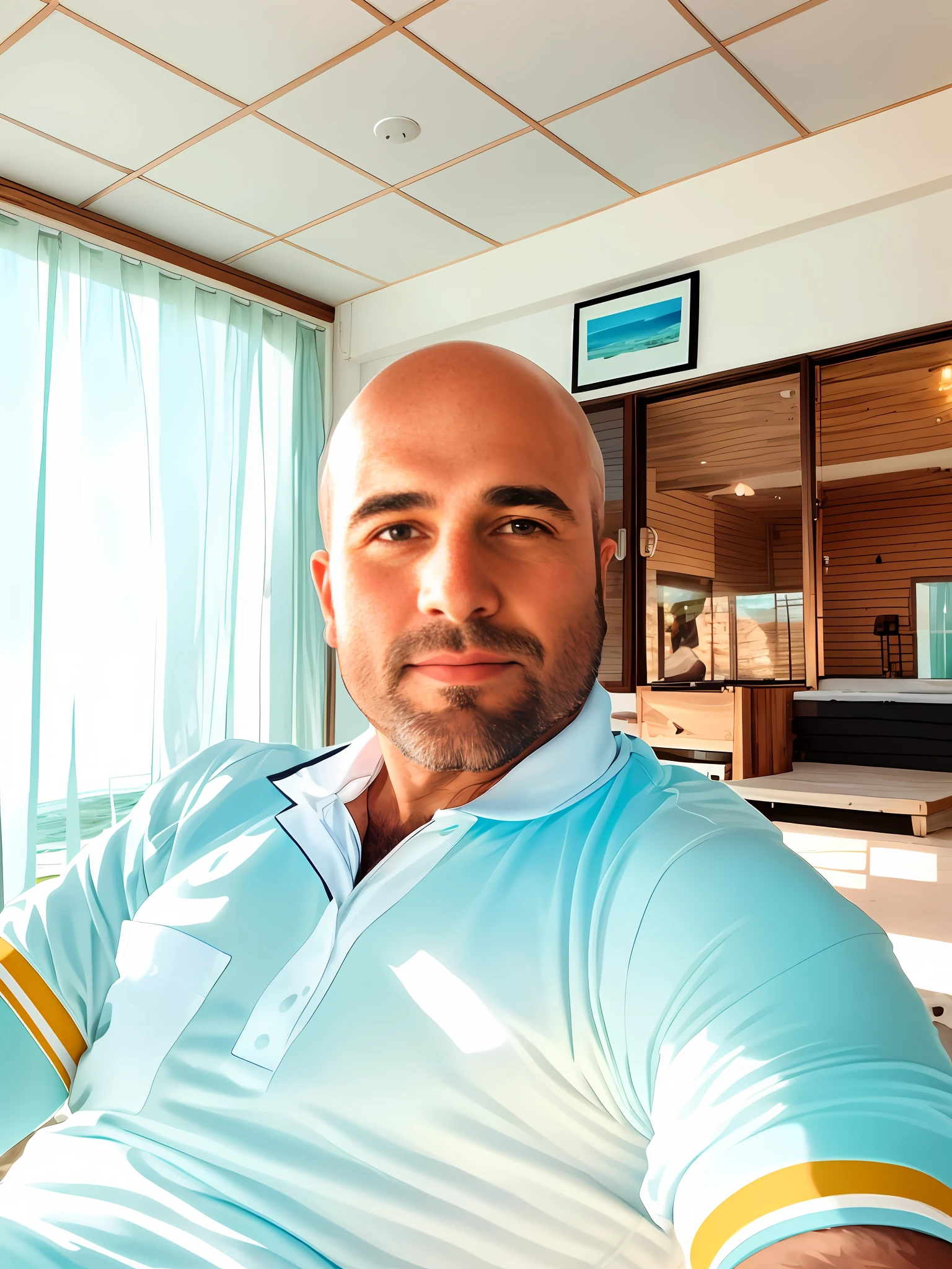 there is a man sitting in a chair with a beach body, 8k selfie photograph, portrait of bald, gary montalbano, selfie of a man, muscular body
