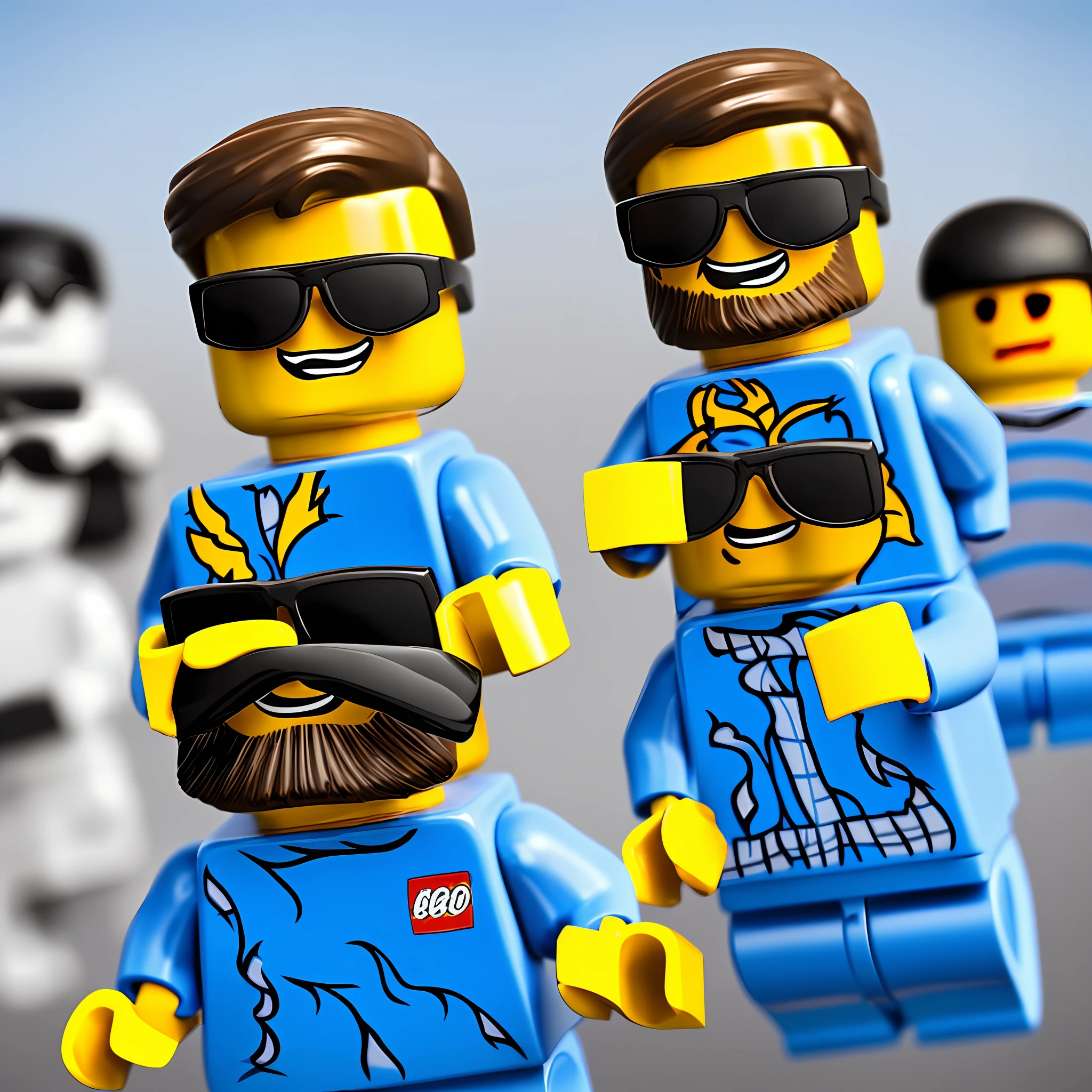 lego figurine, wearing ((sunglasses)), ((shaved beard)), normal ((haircut)), ((smiling)) facial expression, high-quality ((3D rendered)) ((photo)) with a ((hyperrealistic)) appearance."