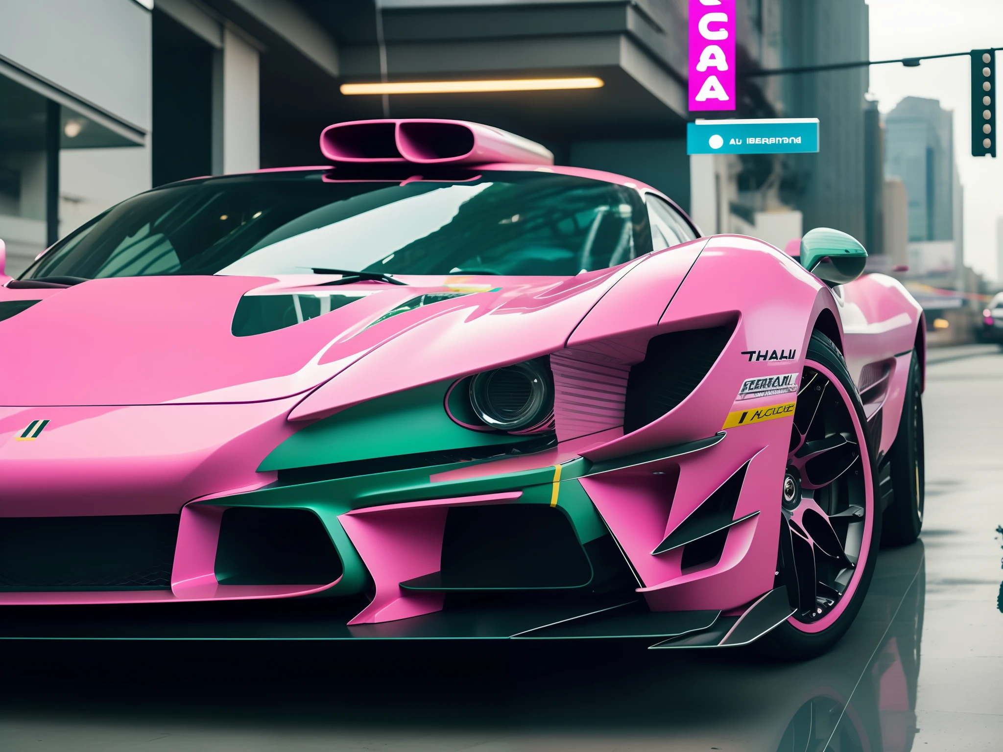 fking_scifi_v2, photo of a pink ((Ferrari:F1:1.5):0.65) car, Cyberpunk theme, Emerald armour plating, Intricate, with orange accents, High Detail, Sharp focus, dramatic