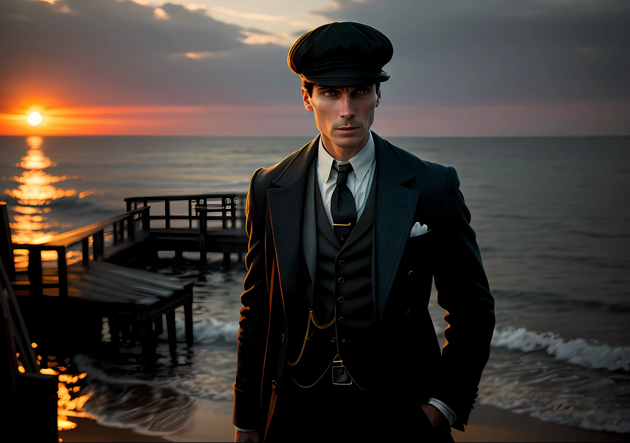 Thomas shelby at the pier sunset peaky blinders clear photo: realistic epic, soft cinematic portrait, adobe lightroom, photographic lab, highly detailed, faded, art by greg rutkowski and artgerm ,neutral colors: 1,2), (hdr:1,4) , (soft colors:1.2), hyperdetailed, (artstation:1.4), cinematic, warm lights, dramatic light, (intricate details:1.1), complex background, (rutkowski:0.66), (blue and orange:0.4)