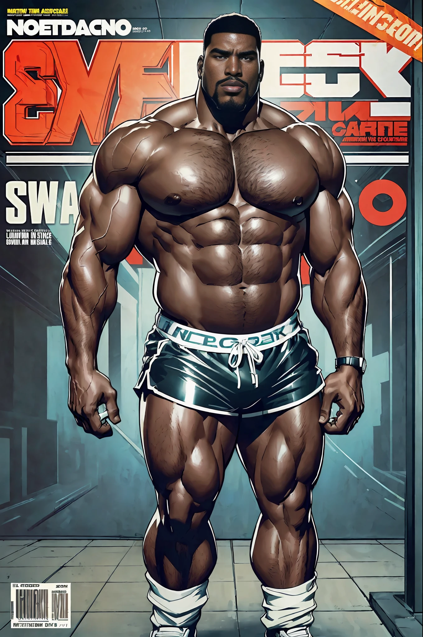 (((best quality)), (ultra detailed), (masterpiece), ((((sfw))), (Magazine cover style illustration of big black men), posing full body. He has a confident expression, the text on the cover should be bold and attention-grabbing, with the title of the magazine and a catchy headline. The overall style should be bodybuild), ray tracing, depth of field, in public, day, looking at the viewer, shiny skin, model, street, in public, short shorts, shirtless, arms crossed, cool, transparent, dynamic pose, negative space: 0.35, realistic: 1.33,