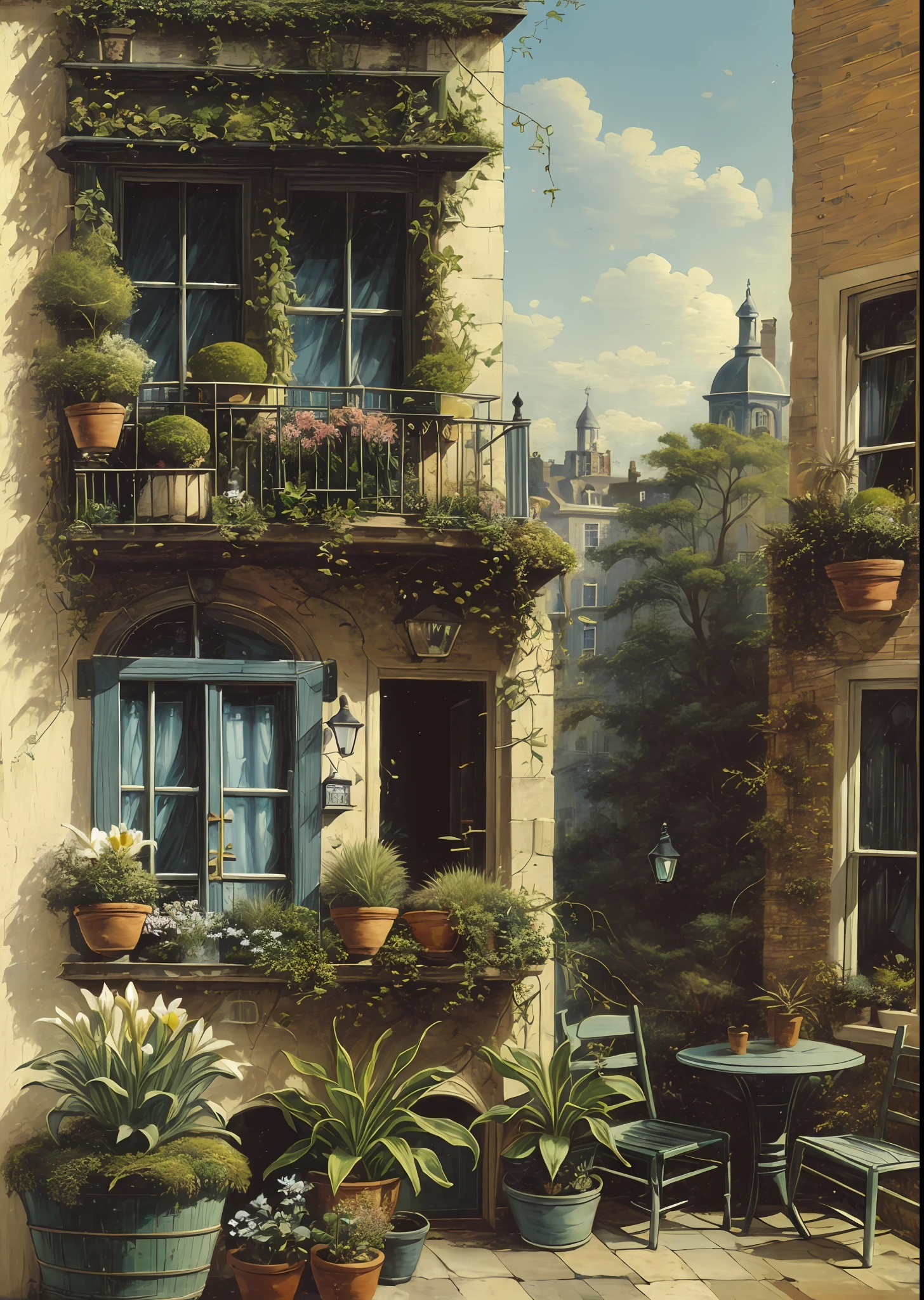 (micro-landscape:1.5),(best quality), ((masterpiece)), (highres), illustration, original, extremely detailed wallpaper, no humans, window, scenery, plant, water, potted plant, outdoors, building, door, house, flower pot, day, lily pad, chair, flower, table, stairs, watermark, hat, tree, sunlight, pond, grass, indoors, reflection, lamp, balcony, black headwear, bush, sky, railing, desk, open window, shelf, leaf, book, web address, copyright name, ladder, architecture, shadow, solo, dated, vines, vase, city, cafe, lantern, bucket, ruins, bench, shop, signature, moss, boat, barrel, river,