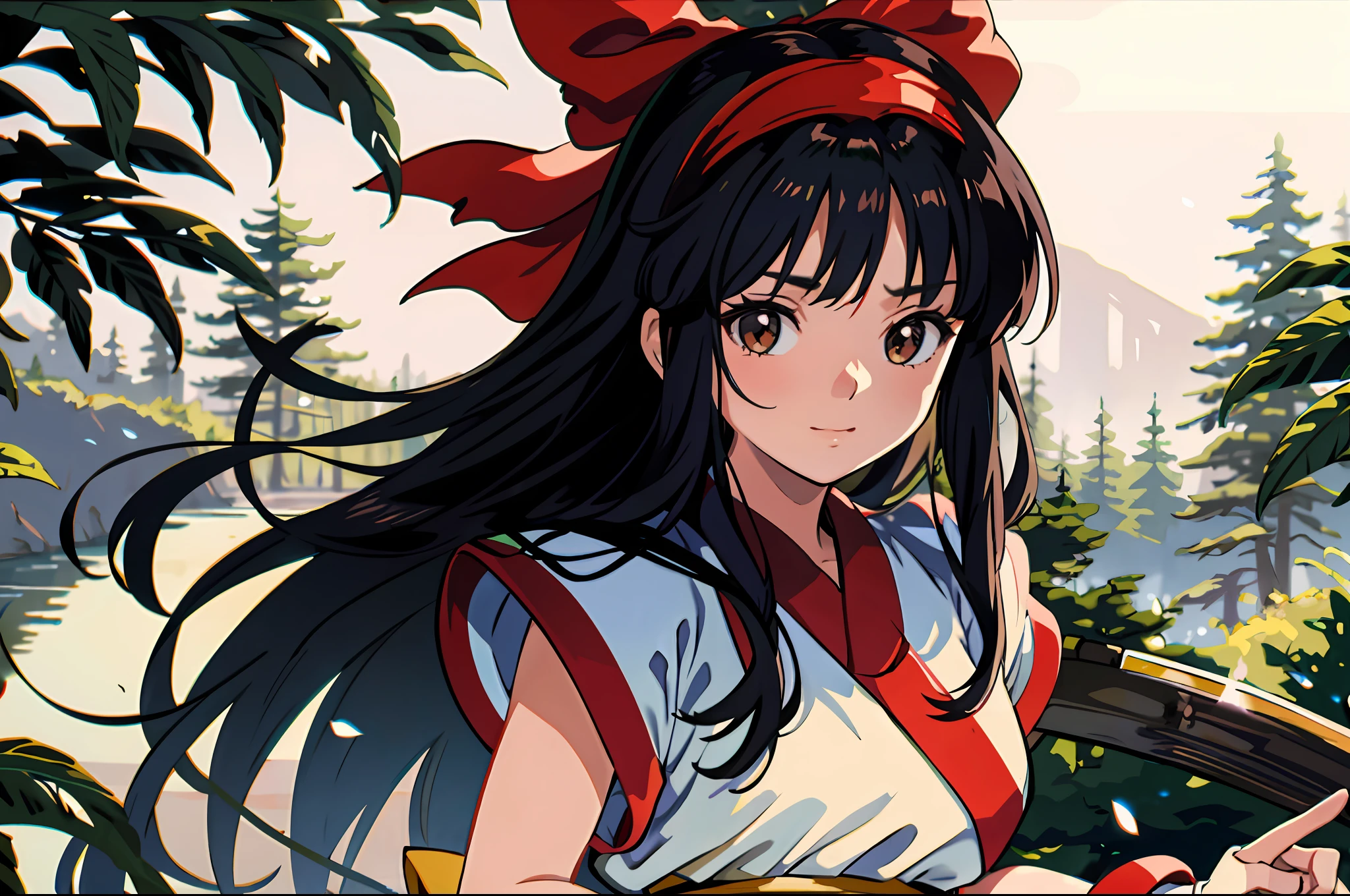 masterpiece, best quality,1girl, red bow, bow, long hair, hair bow, ainu clothes, solo, hairband, black hair, fingerless gloves, short sleeves, gloves, sash, pants, bangs, red hairband, weapon, breasts, brown eyes, white pants, japanese clothes, nakoruru, light smile, officials art, good composition,m, detailed portrait, portrait, bokeh, forest with river, sun behind back, pencil style, traditional brush, samurai, onmyoji style, high resolution, dramatic lighting and shadow, sun flared, blurry foreground, blood plashing around, looking at viewer, hands behind back, hands not in view, face shading, strong lighting, dim light, nostalgia look