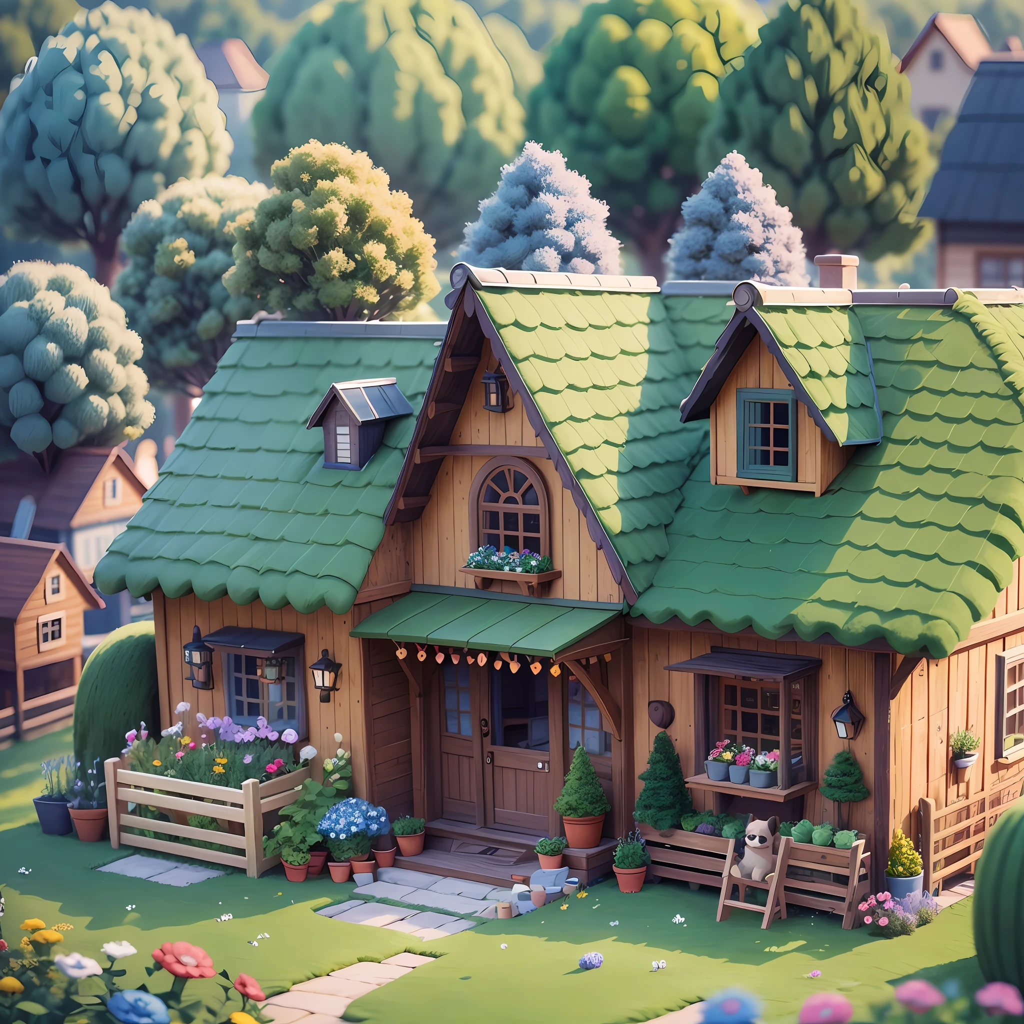 (Wool felt.), Wool-knitted fabric, Cute world of cartoons), Cute pug, Some small houses, Farm, Flower House, Flower, Stone, Trees, Super cute, Superb lighting, Volume, by Jon Klassen, Ghibli studio style, Tilt-shift, 80mm lens, Large aperture, masterpiece, The best quality, 3d, Blender, Super detail --v6
