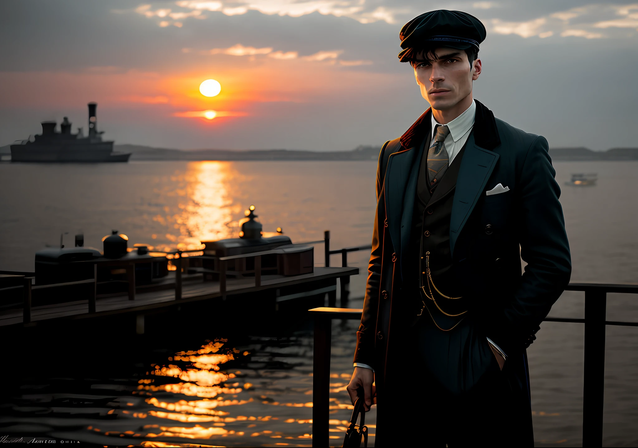 Thomas shelby on pier boat sunset peaky blinders clear photo: realistic epic, soft cinematic portrait, adobe lightroom, photographic lab, highly detailed, faded, art by greg rutkowski and artgerm ,neutral colors: 1,2), (hdr:1,4) , (soft colors:1.2), hyperdetailed, (artstation:1.4), cinematic, warm lights, dramatic light, (intricate details:1.1), complex background, (rutkowski:0.66), (blue and orange:0.4)