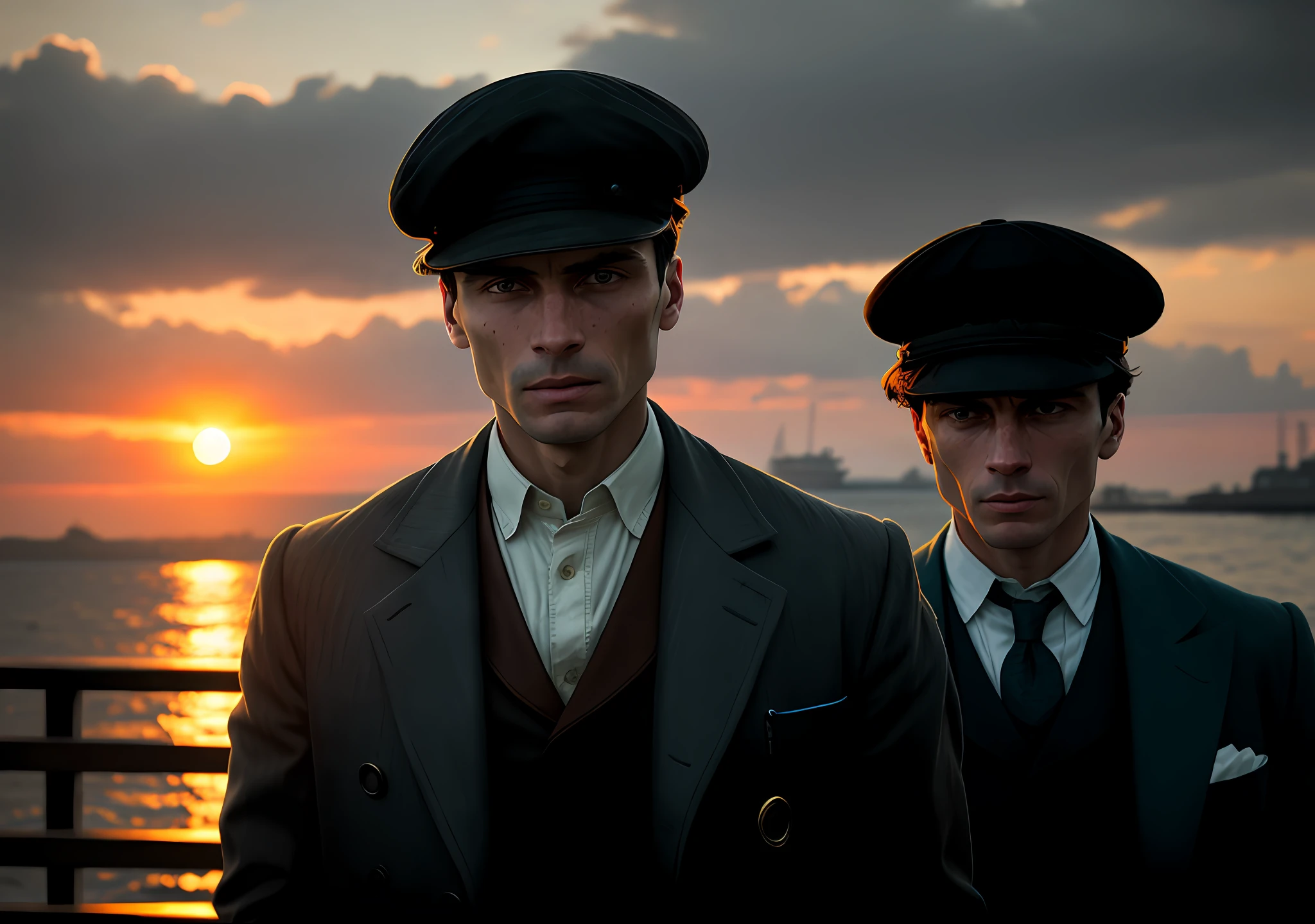 Thomas shelby on pier boat sunset peaky blinders clear photo: realistic epic, soft cinematic portrait, adobe lightroom, photographic lab, highly detailed, faded, art by greg rutkowski and artgerm ,neutral colors: 1,2), (hdr:1,4) , (soft colors:1.2), hyperdetailed, (artstation:1.4), cinematic, warm lights, dramatic light, (intricate details:1.1), complex background, (rutkowski:0.66), (blue and orange:0.4)