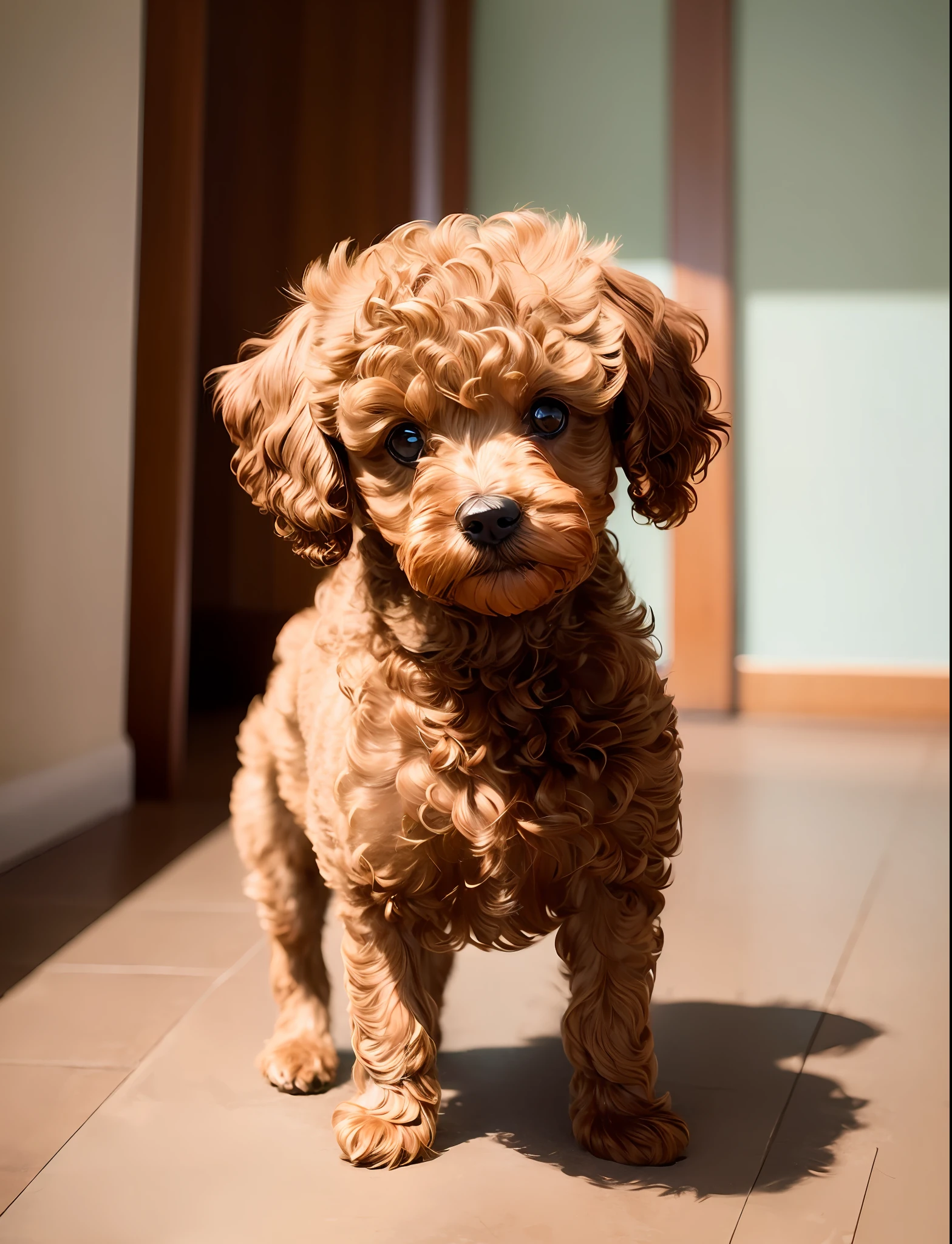 Brown toy poodle, small dog, sad, faceless, 8k, professional photo, delicate, clear, in the house, sunlight, light leakage, masterpiece, (((pretty)))), (reality)))), mokomoko