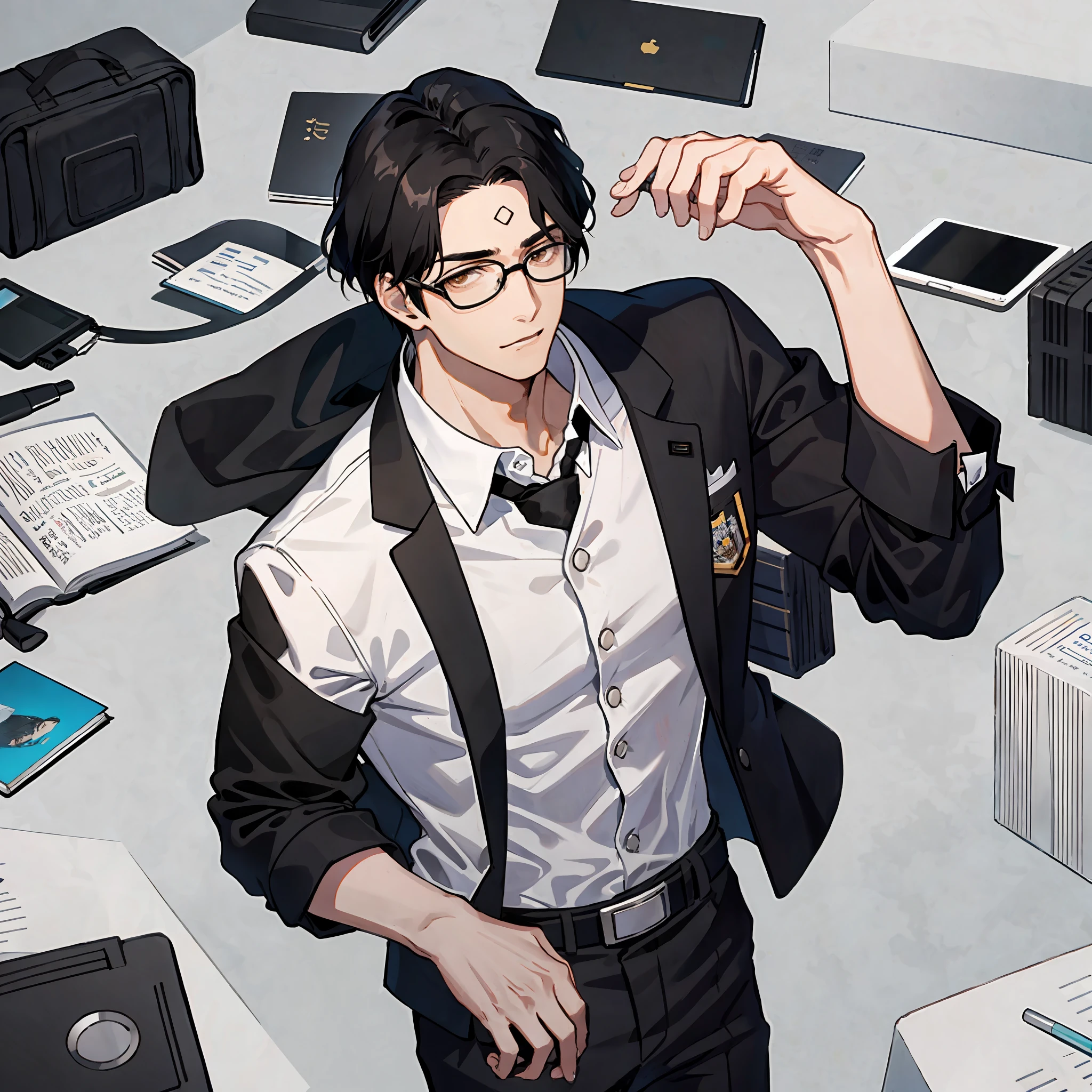 1boy, black hair, brown eyes, wearing glasses, modern school uniform