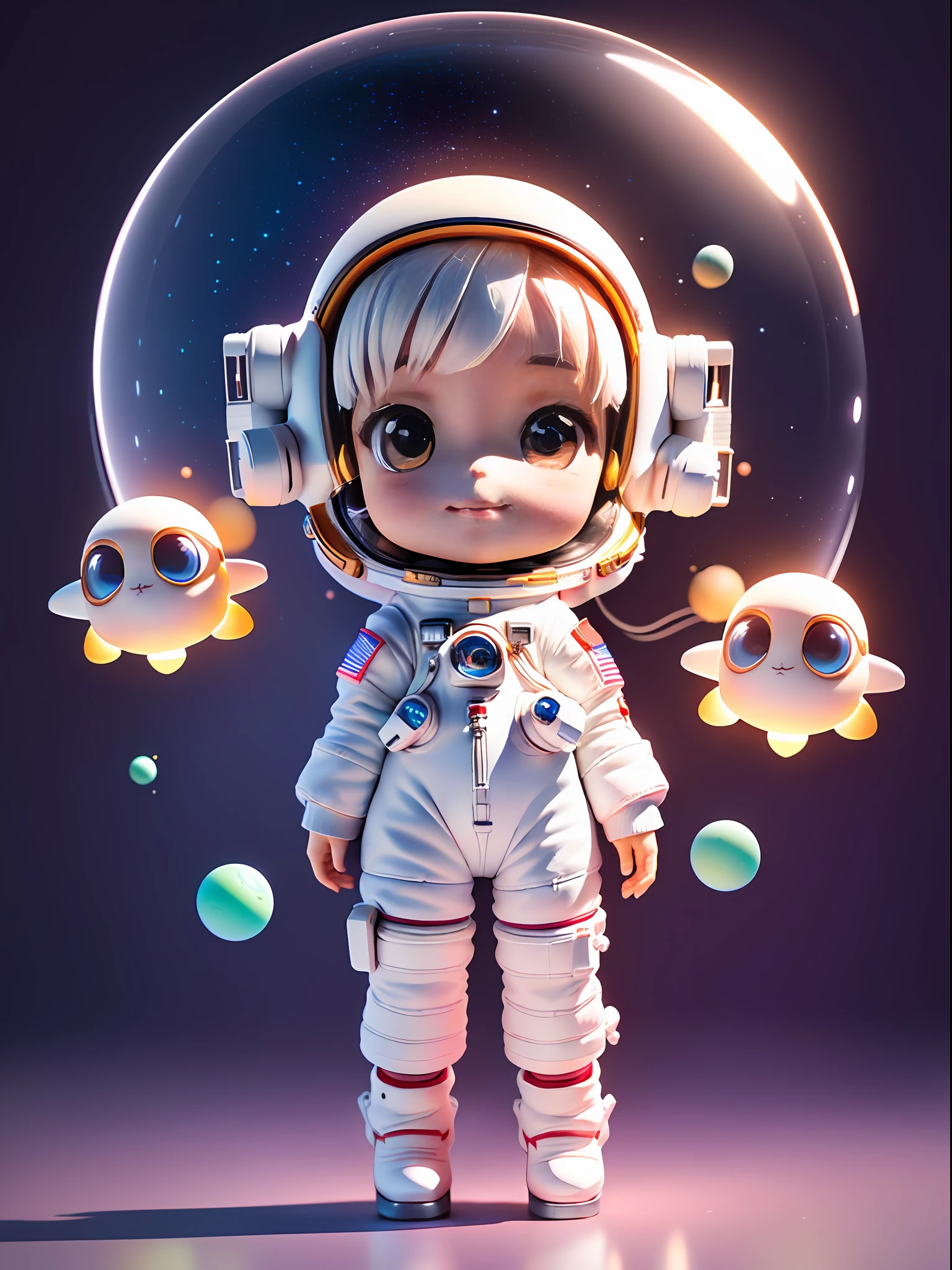 Super cute girl full body 3D drawing, 1pc, good looking eyes, big eyes, cute, happy, c4d, pop matt blind box, glowing bubbles, toys, solid color background, chibi, fluorescent translucency, luminous body, kawaii, doll, (((astronaut, white spacesuit)))), reference sheet, pop mart blind box, Pixar, intricate details, 3d rendering, blender, oc renderer, fol reference body sheet, dribble , High Details, 8K, Studio Lighting, Loli, Petite, Child, Chibi, SD characters: 1.1, Magic Space Background
