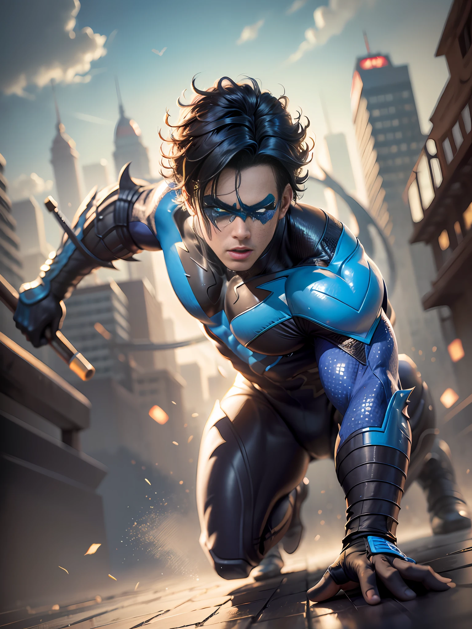 ((Masterpiece)), high quality, ultra-detailed, 8K resolution, dynamic angle,(1boy) nightwing, fight pose,