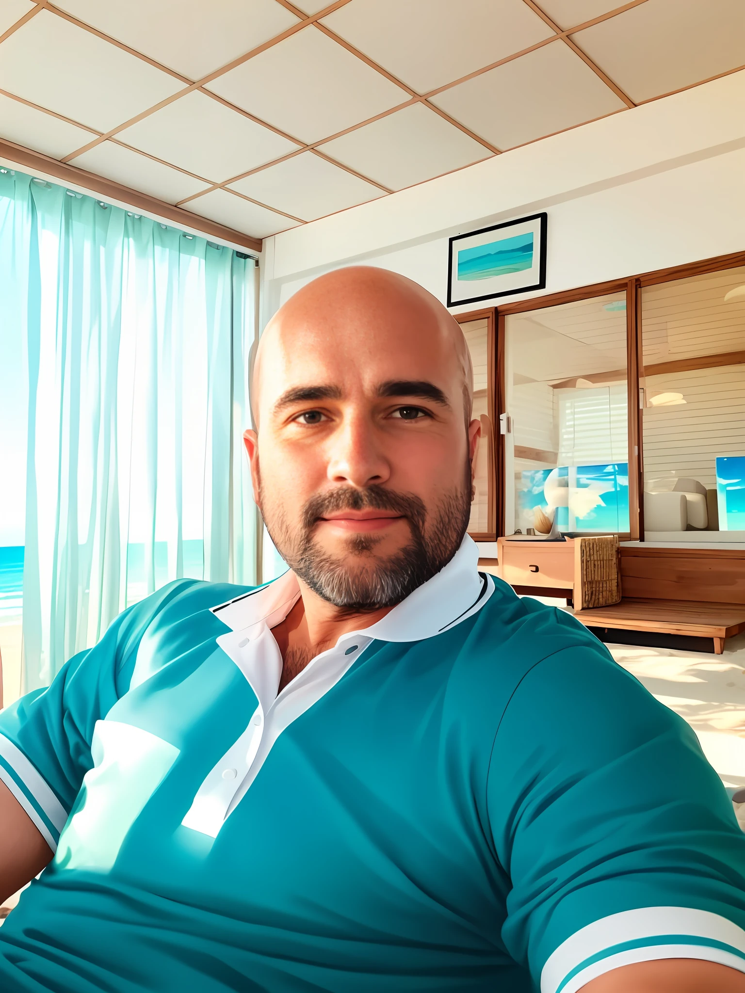 there is a man sitting in a chair with a beach body, 8k selfie photograph, portrait of bald, selfie of a man, muscular body, (Beach background), ( on the beach), (Sea), ((Beach background)