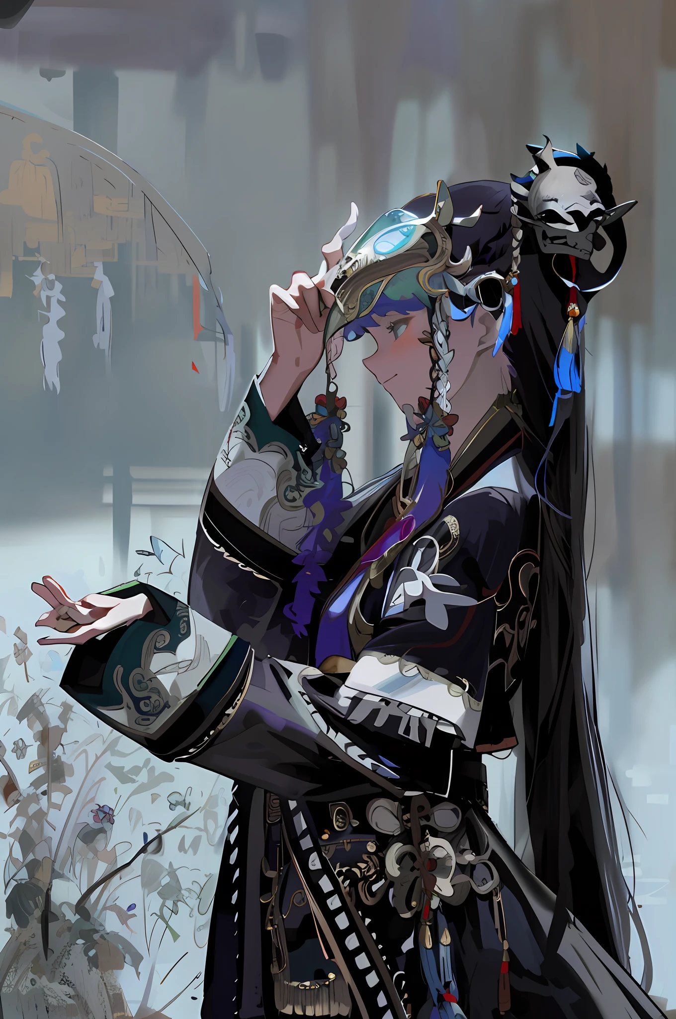 High quality, high detail, 8k, a girl in Han costume, a girl with a gothic dance mask, fairy, maiden shaman, a beautiful fantasy elf girl, she is dressed in shaman costume, gorgeous cosplay, gorgeous embroidery pattern, ancient Chinese costume, Chinese costume, wearing elegant tribal costume, classical witch robe, Genshin