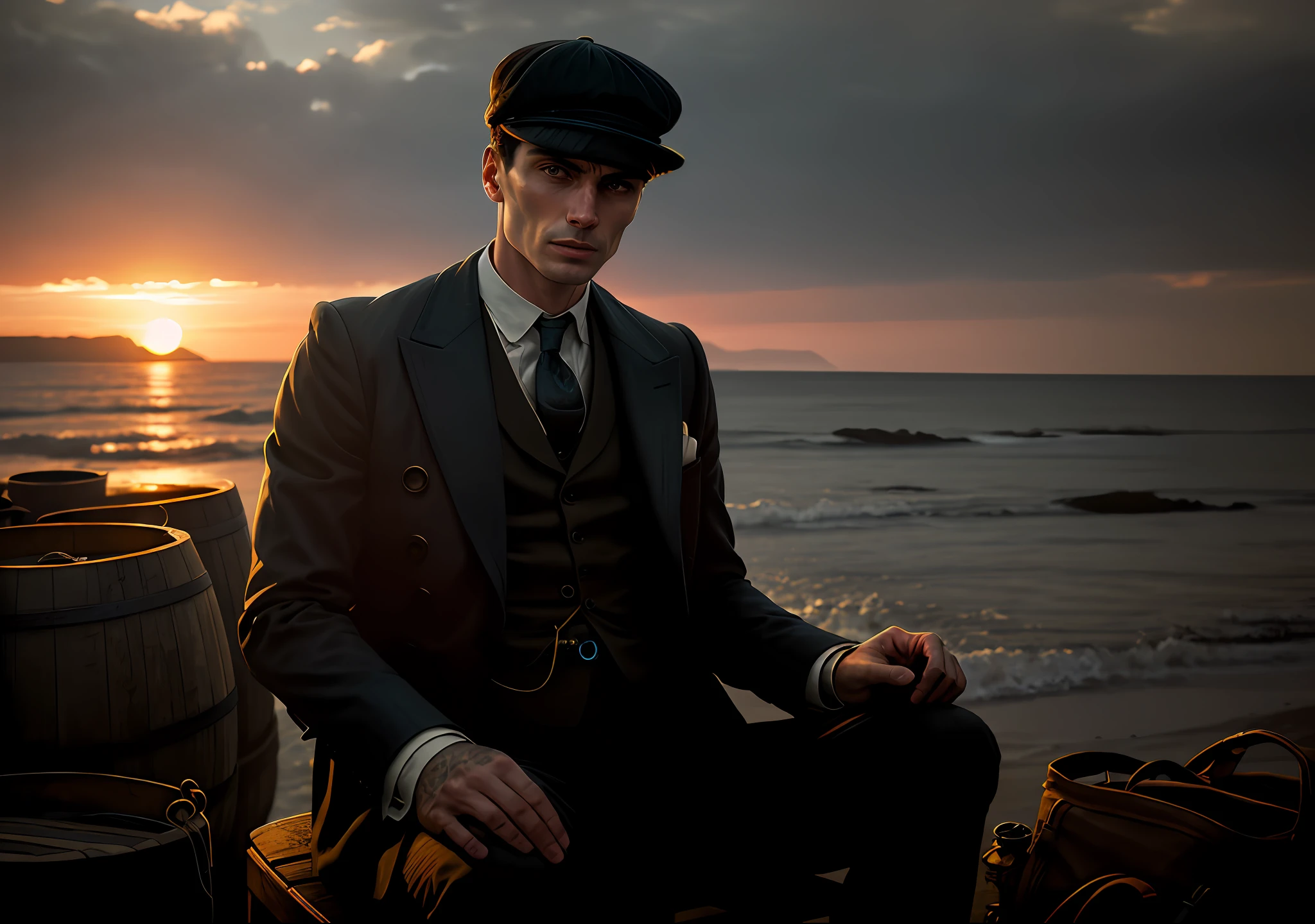 Thomas shelby sitting in the sunset barrel peaky blinders clear photo: realistic epic, soft cinematic portrait, adobe lightroom, photographic lab, highly detailed, faded, art by greg rutkowski and artgerm ,neutral colors: 1,2), (hdr:1,4) , (soft colors:1.2), hyperdetailed, (artstation:1.4), cinematic, warm lights, dramatic light, (intricate details:1.1), complex background, (rutkowski:0.66), (blue and orange:0.4)