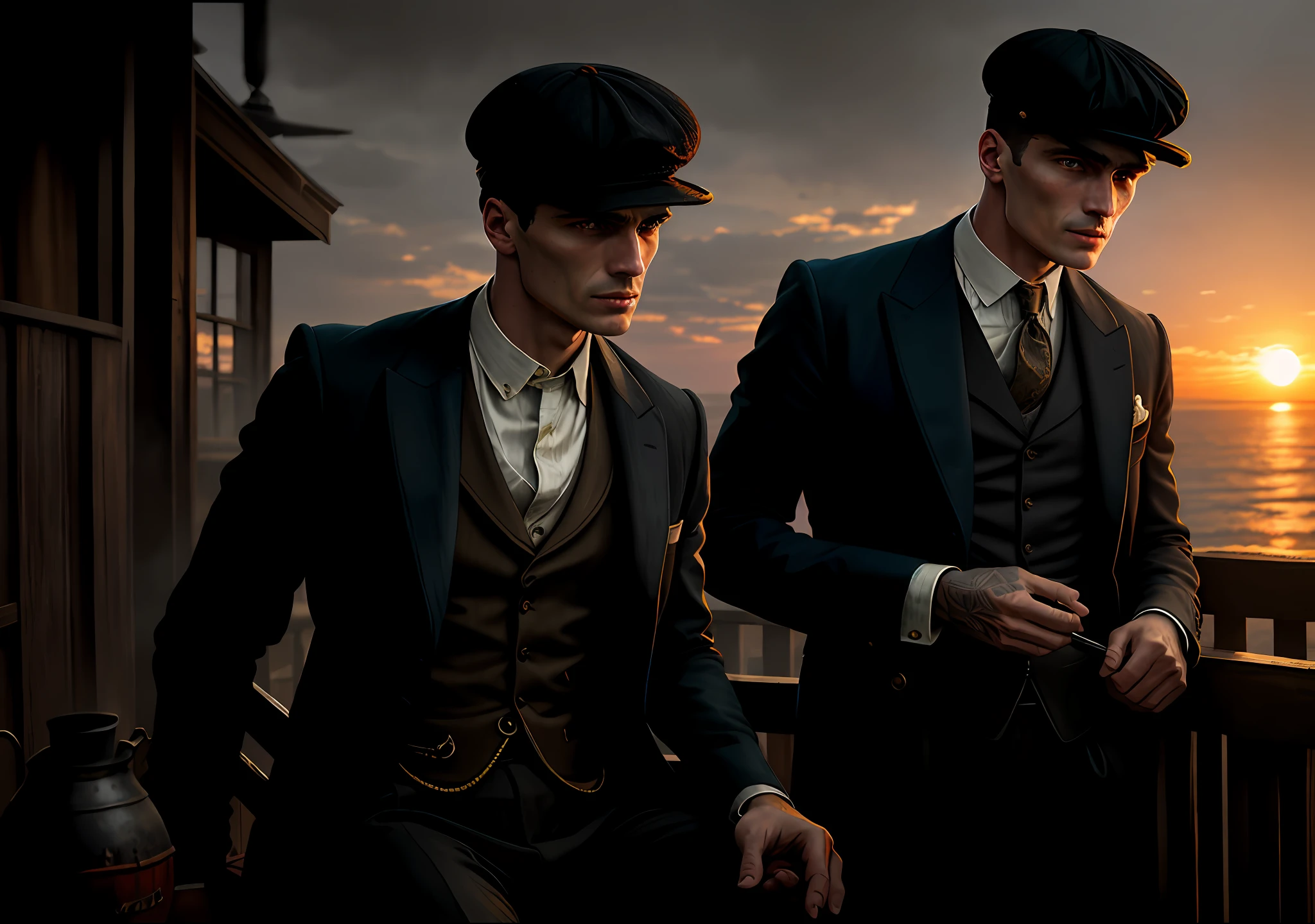Thomas shelby sitting in the sunset barrel peaky blinders clear photo: realistic epic, soft cinematic portrait, adobe lightroom, photographic lab, highly detailed, faded, art by greg rutkowski and artgerm ,neutral colors: 1,2), (hdr:1,4) , (soft colors:1.2), hyperdetailed, (artstation:1.4), cinematic, warm lights, dramatic light, (intricate details:1.1), complex background, (rutkowski:0.66), (blue and orange:0.4)