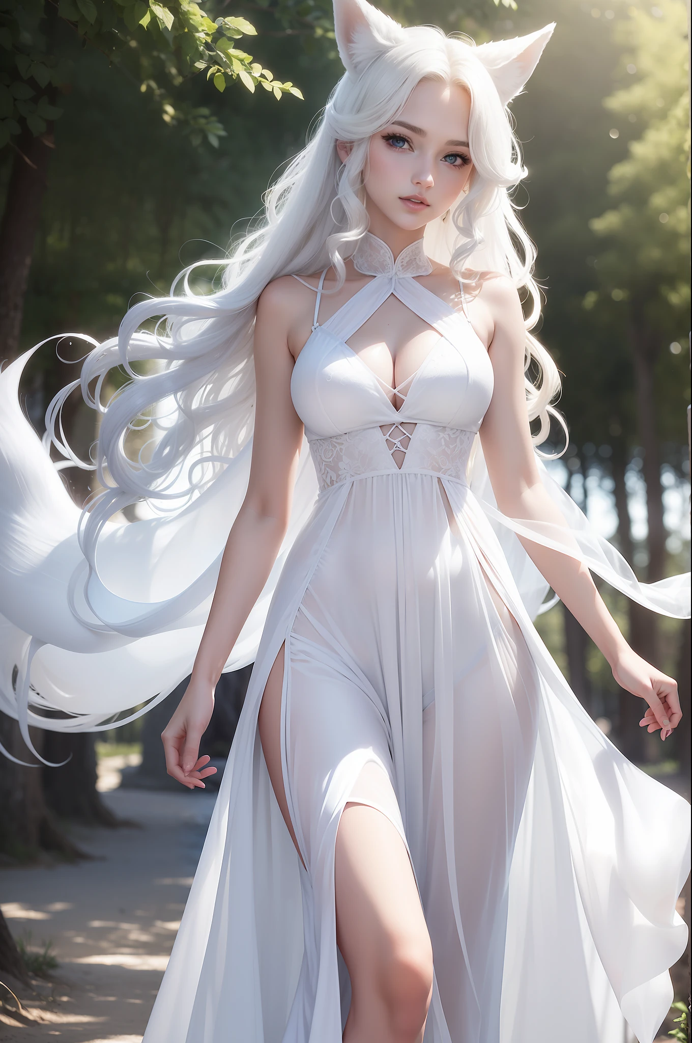 Women with ,golden curly hair,Blue eyes,white fox ears,,white translucent long dress with thin straps