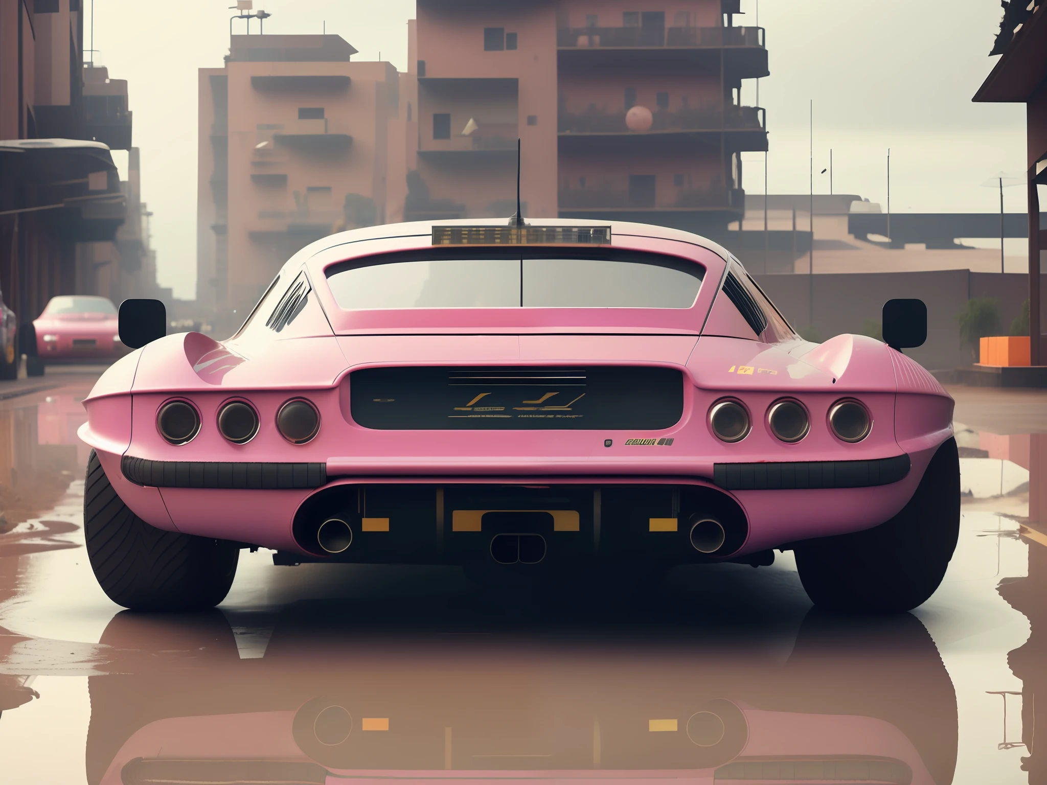 fking_scifi_v2, front and rear view of a pink retro sci-fi car ((Ferrari:F1:1.5):0.65) car, orange details, armour plating, Intricate, with orange accents, High Detail, Sharp focus, dramatic, desert planet, alley, rain puddles