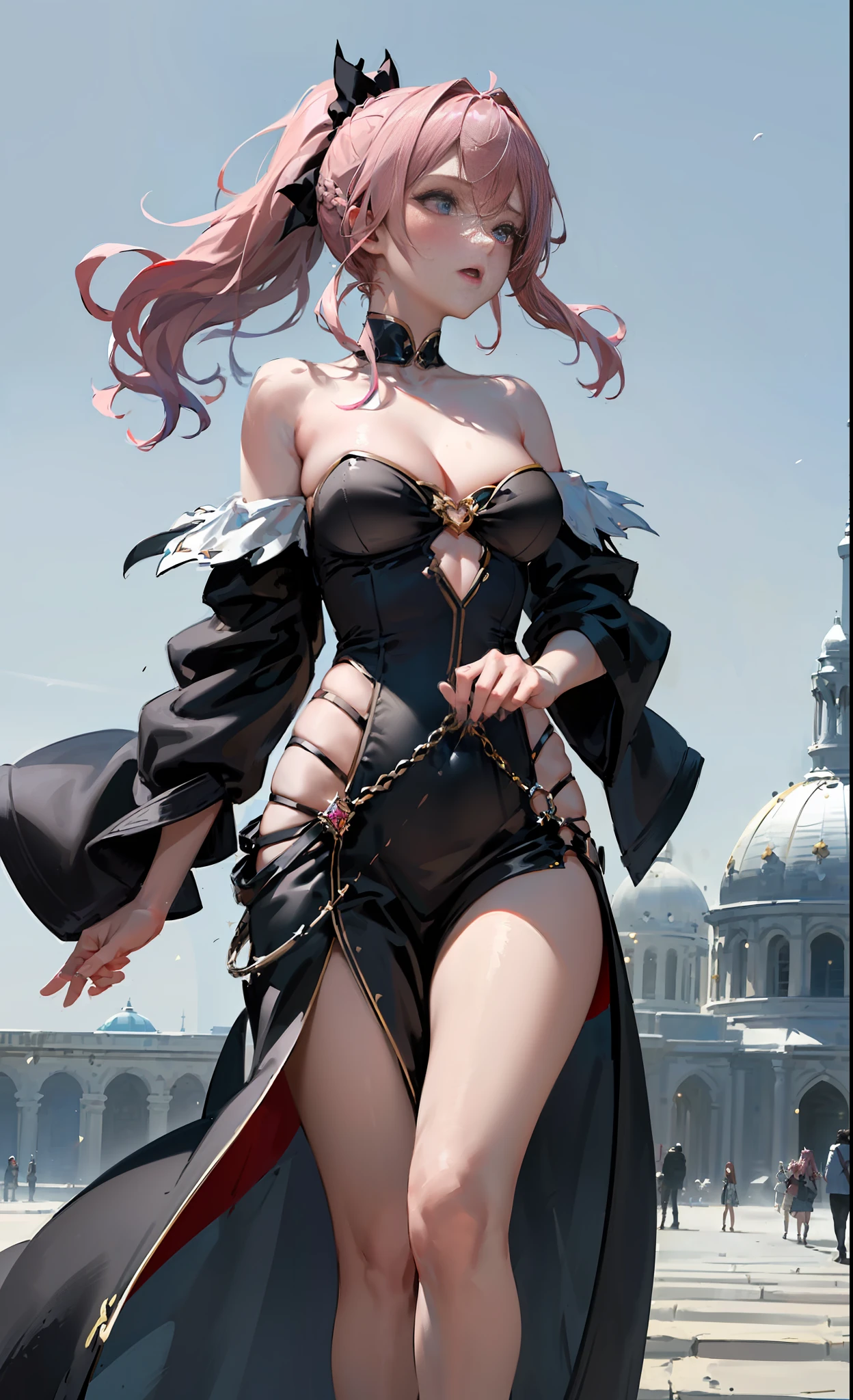 (Masterpiece), (Best Quality), (Super Detailed), (Dirty Hair), (Illustration), (1 Girl) (Long Pink Hair 1.5) (Blue Eyes) (Double Ponytail 2.0), (((Off-the-Shoulder Dress))),(Fashion Model Looking at the Audience, (Interview), (Simple Background), Beautiful and Delicate Eyes, Delicate Beautiful Face, Soaring (High Saturation), (Colorful Glitter), Multi-colored Bubbles, (Glitter), Accent on Face, PerfectNwsjMajic, Big Breasts, No cleavage, no chest, facing the masses, perfect body,