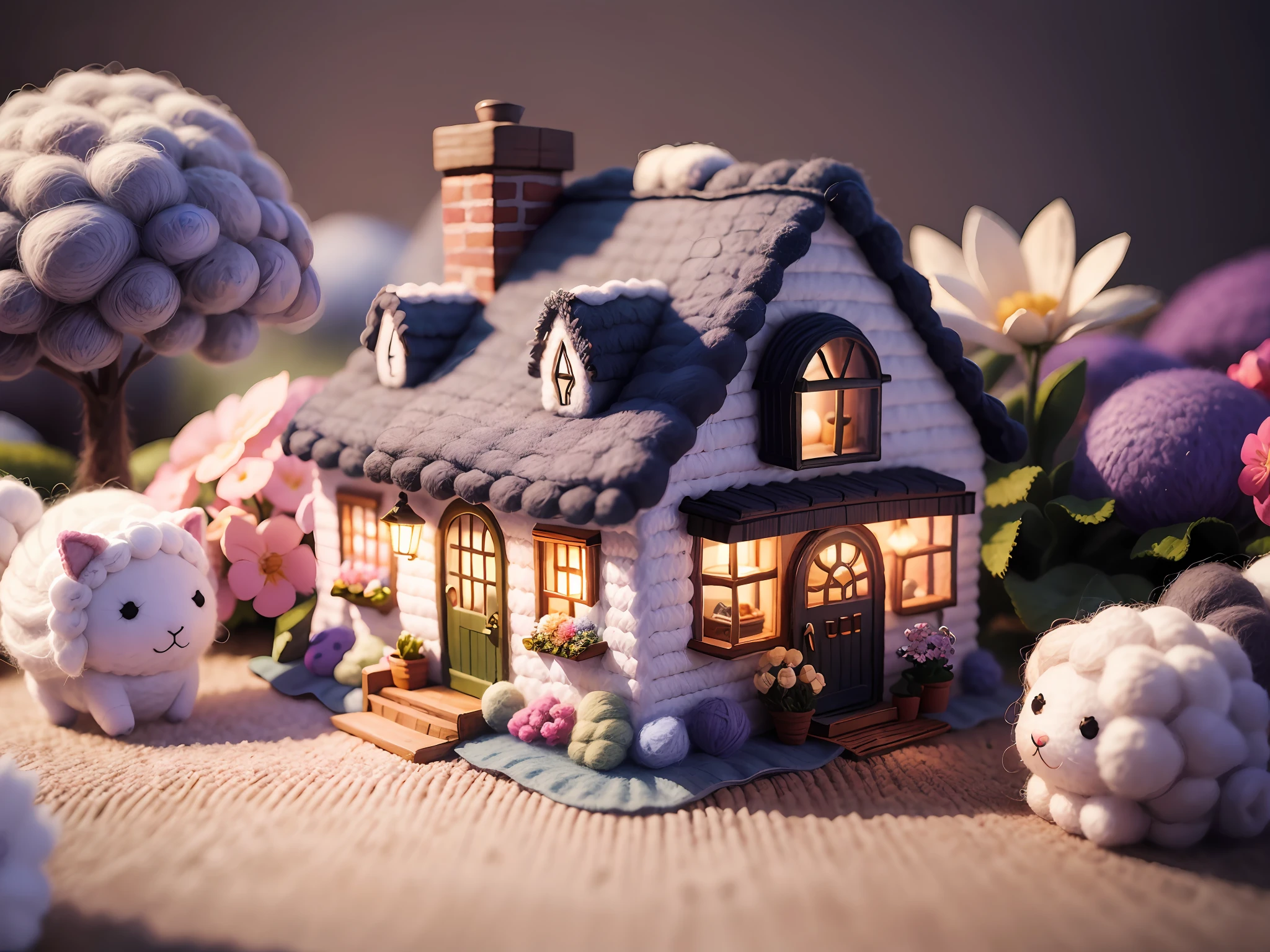 (Wool felt, wool knitted fabric, cute world of cartoon), cottage, flower house, flowers, animals, super cute, superb lighting, volume, 80mm lens, large aperture, 3d, masterpiece, super detail, best quality